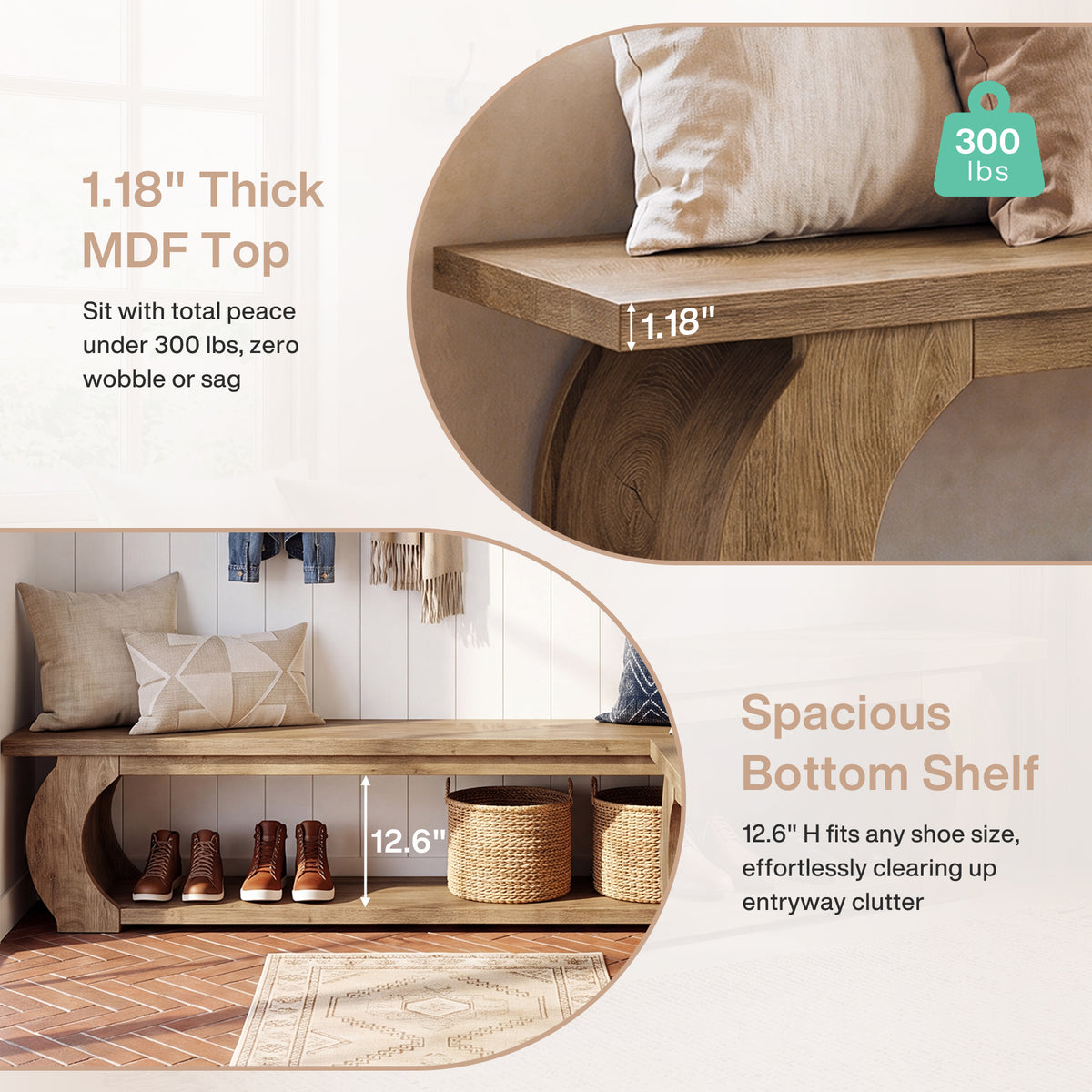 63 Inch Storage Bench with Open Shelf and Curved Wood Frame, Farmhouse End of Bed Bench for Bedroom