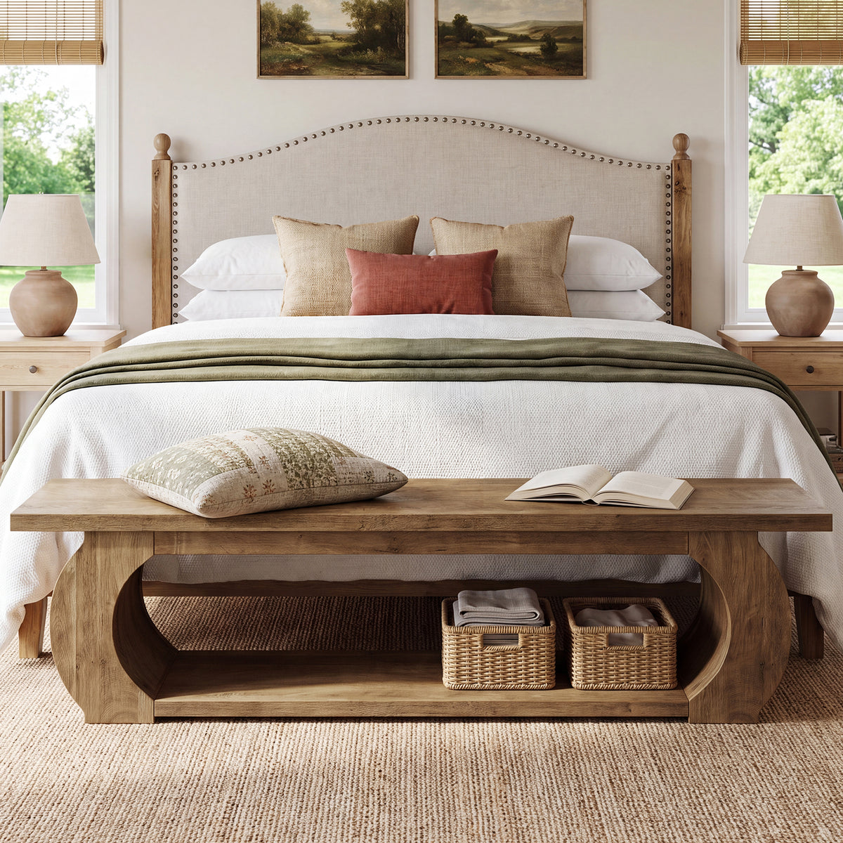 63 Inch Storage Bench with Open Shelf and Curved Wood Frame, Farmhouse End of Bed Bench for Bedroom
