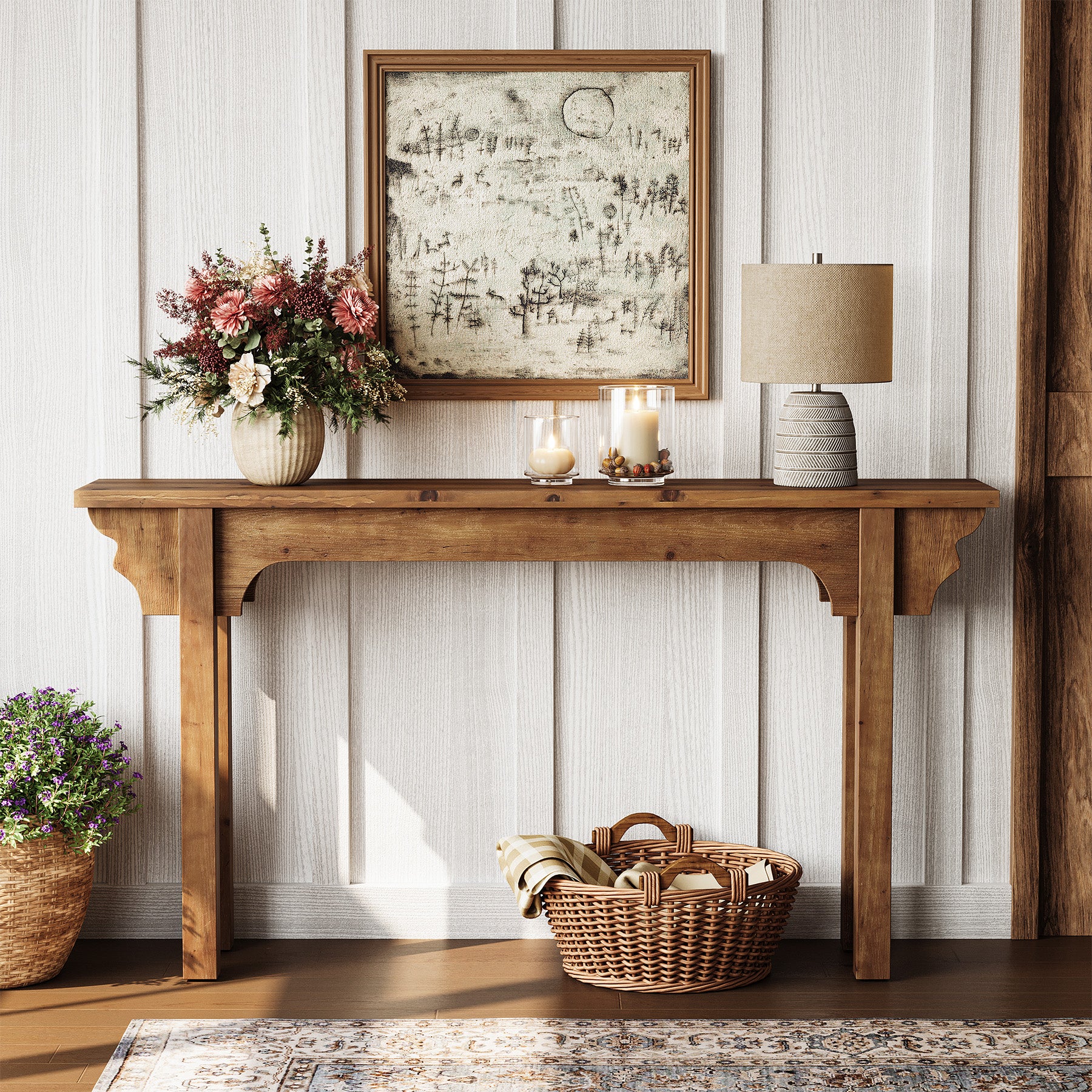 Tribesigns 63-Inch Solid Wood Console Table with Unique Side Design, Farmhouse Narrow Sofa Table for Entryway