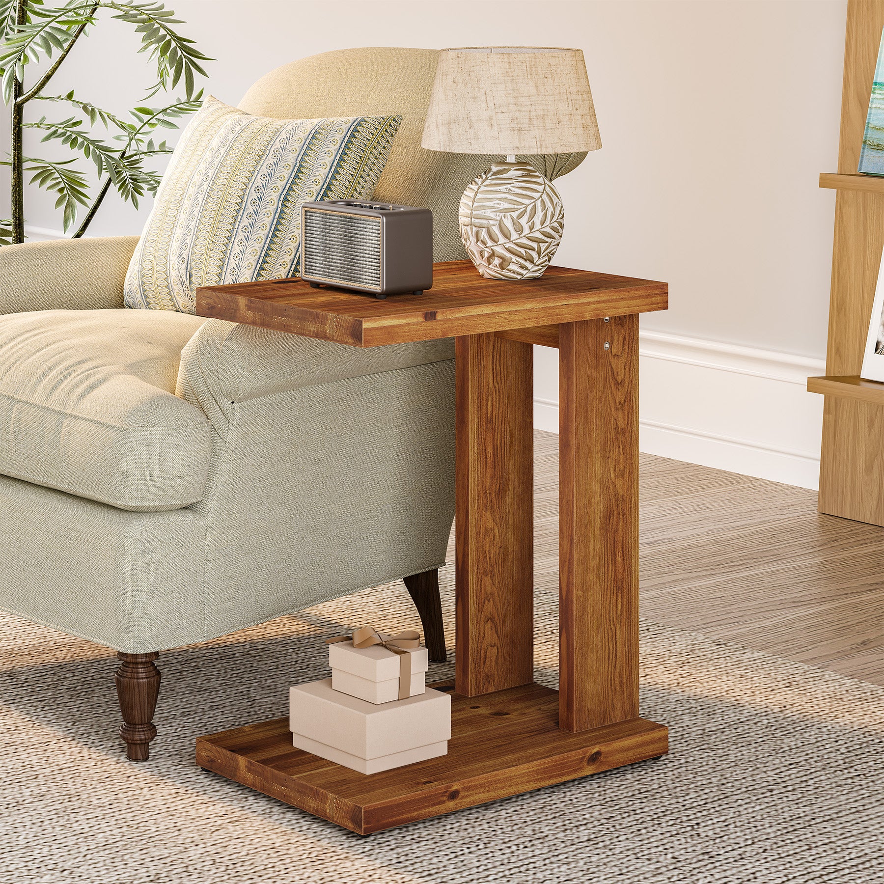 Tribesigns 23.6" C-Shaped End Table, Solid Wood 2-Tier Side Table for Sofa and Living Room