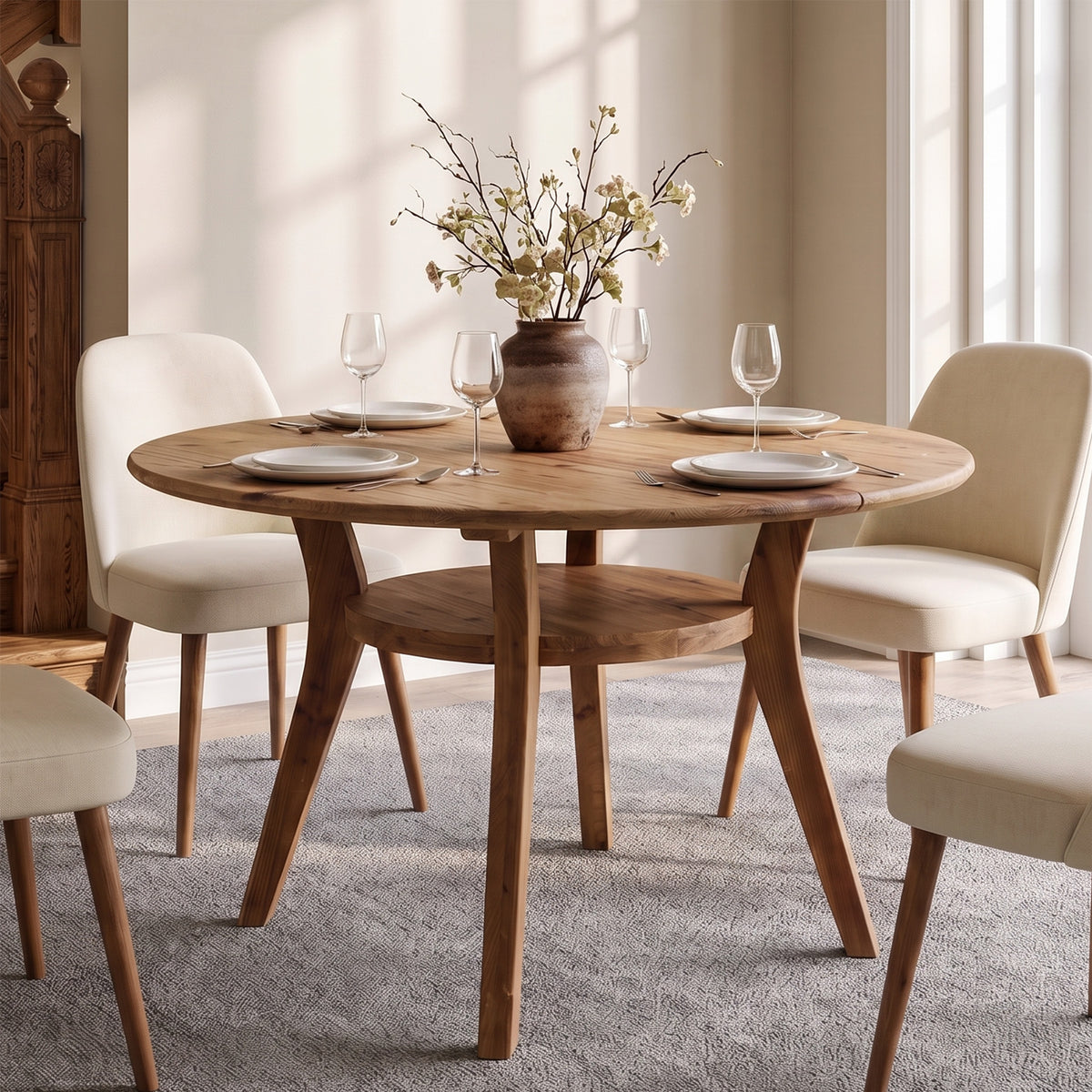 Tribesigns 47.2 Inch Solid Wood Round Dining Table for 4-6, Farmhouse Kitchen Table with Lower Storage Shelf