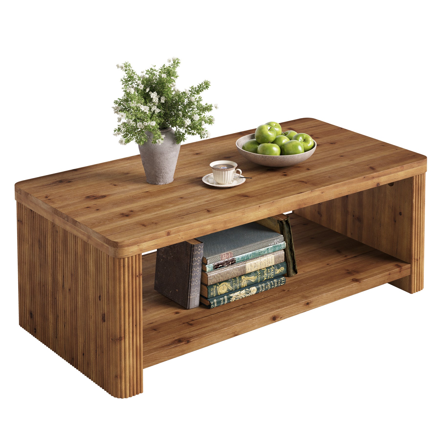 47.24" Solid Wood Coffee Table in Rustic Brown, Modern Fluted Low Rectangle Center Table with 2-Tier Storage