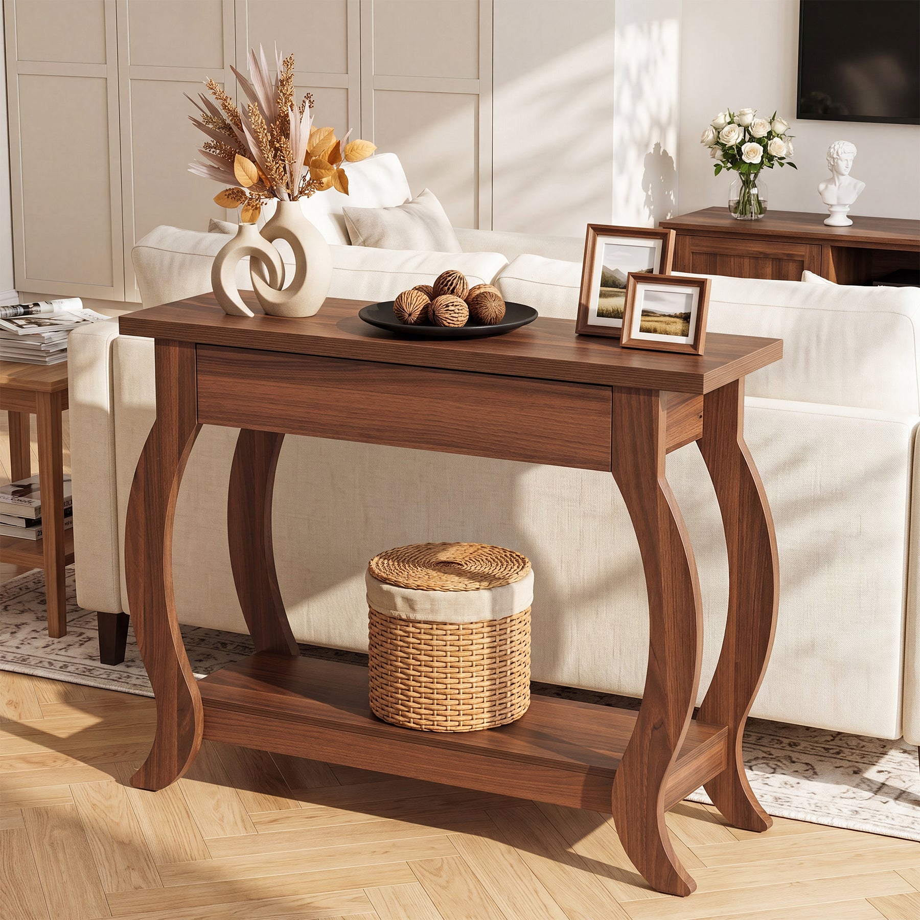 41.3-Inch Narrow Console Table with Drawer, Curved-Leg Hallway Table with Storage