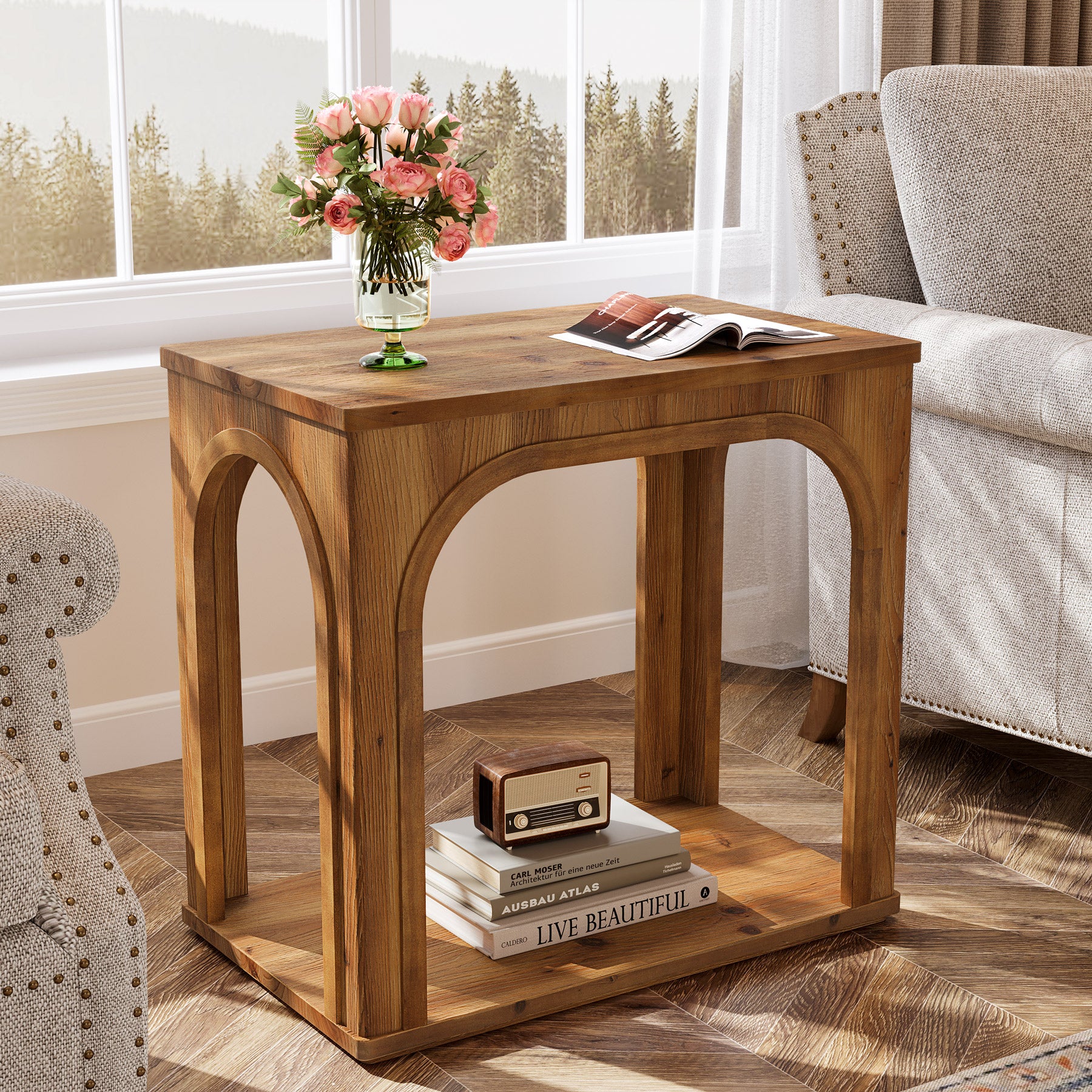 Tribesigns 25.2-Inch Solid Wood End Table with Arched Design and Bottom Shelf, 2-Tier Farmhouse Side Table for Living Room