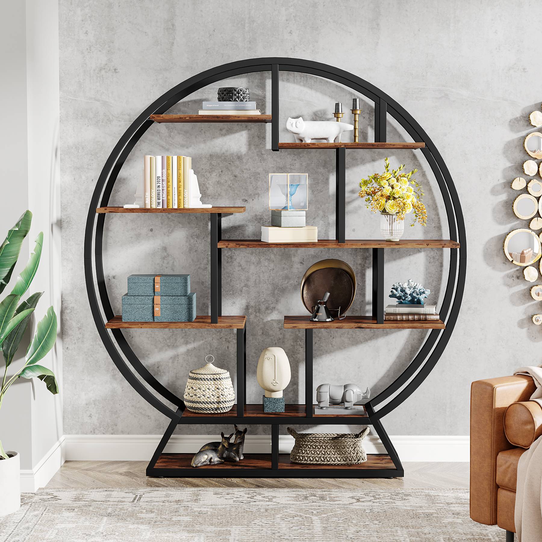 Tribesigns Bookshelf, 63 Inch Round Etagere Bookcase with Staggered Shelves Tribesigns