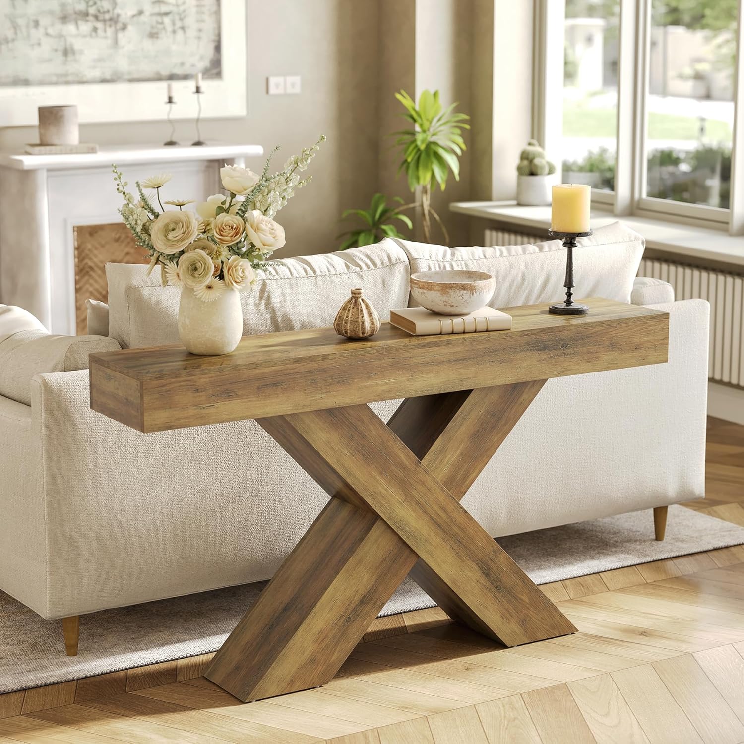 55" Rustic Industrial X-Brace Console Table - Slim Sofa Table for Entryway, Hallway & Living Room in Brown