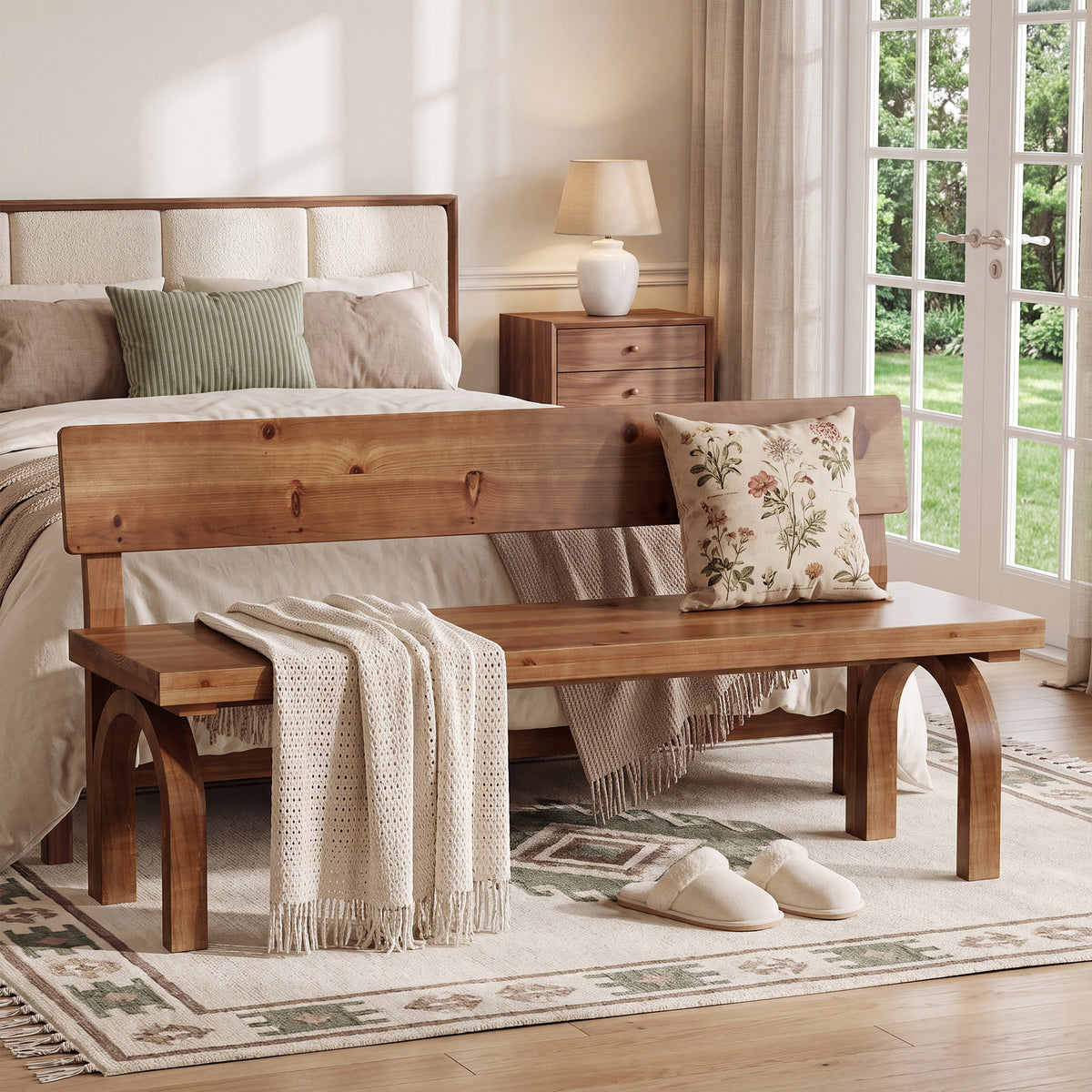 63 Inch Solid Wood Entryway Bench with Backrest, Farmhouse Indoor Bench for Hallway and Bedroom