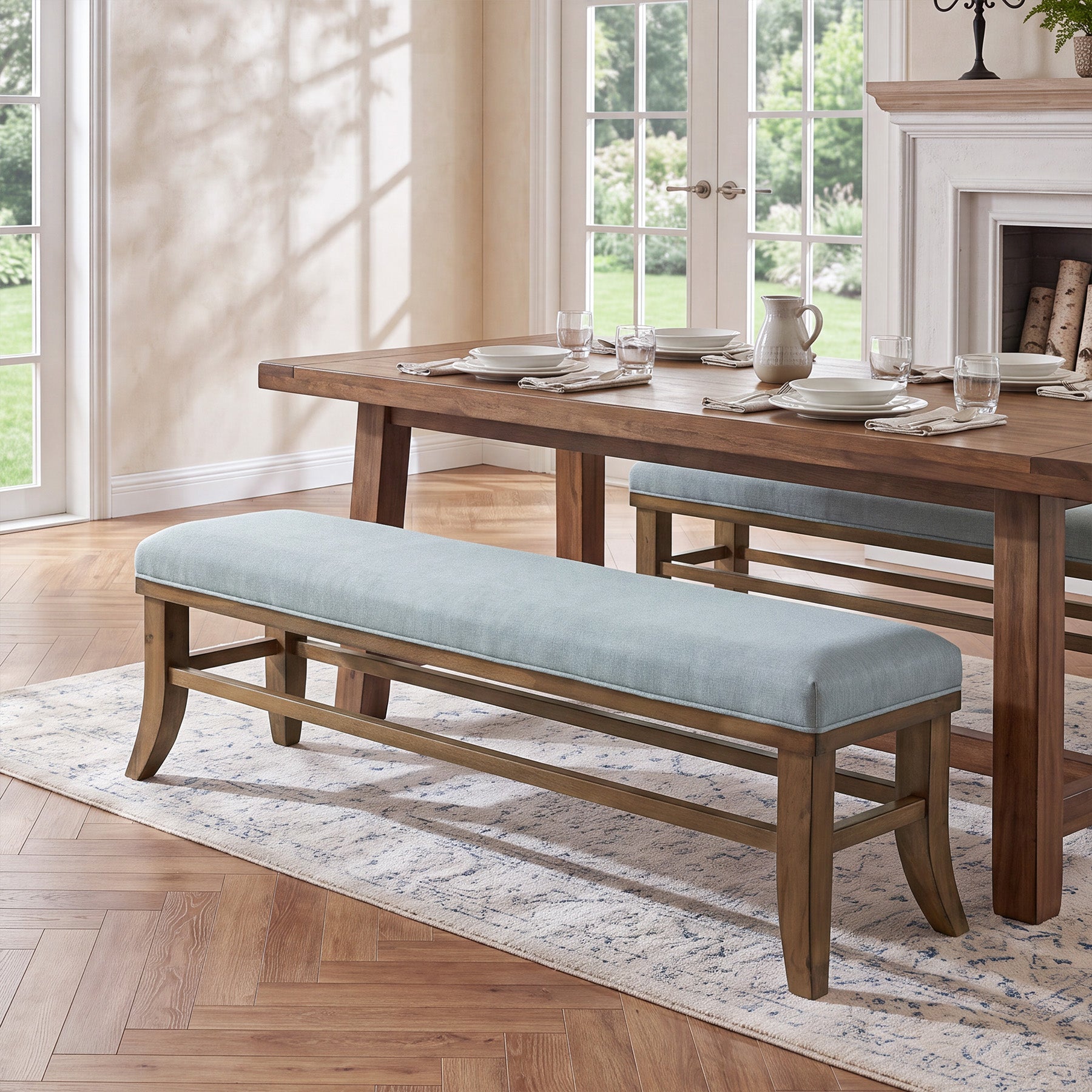 Tribesigns 55-Inch Upholstered Dining Bench, Solid Pine Wood Padded Bench with Linen Cushion
