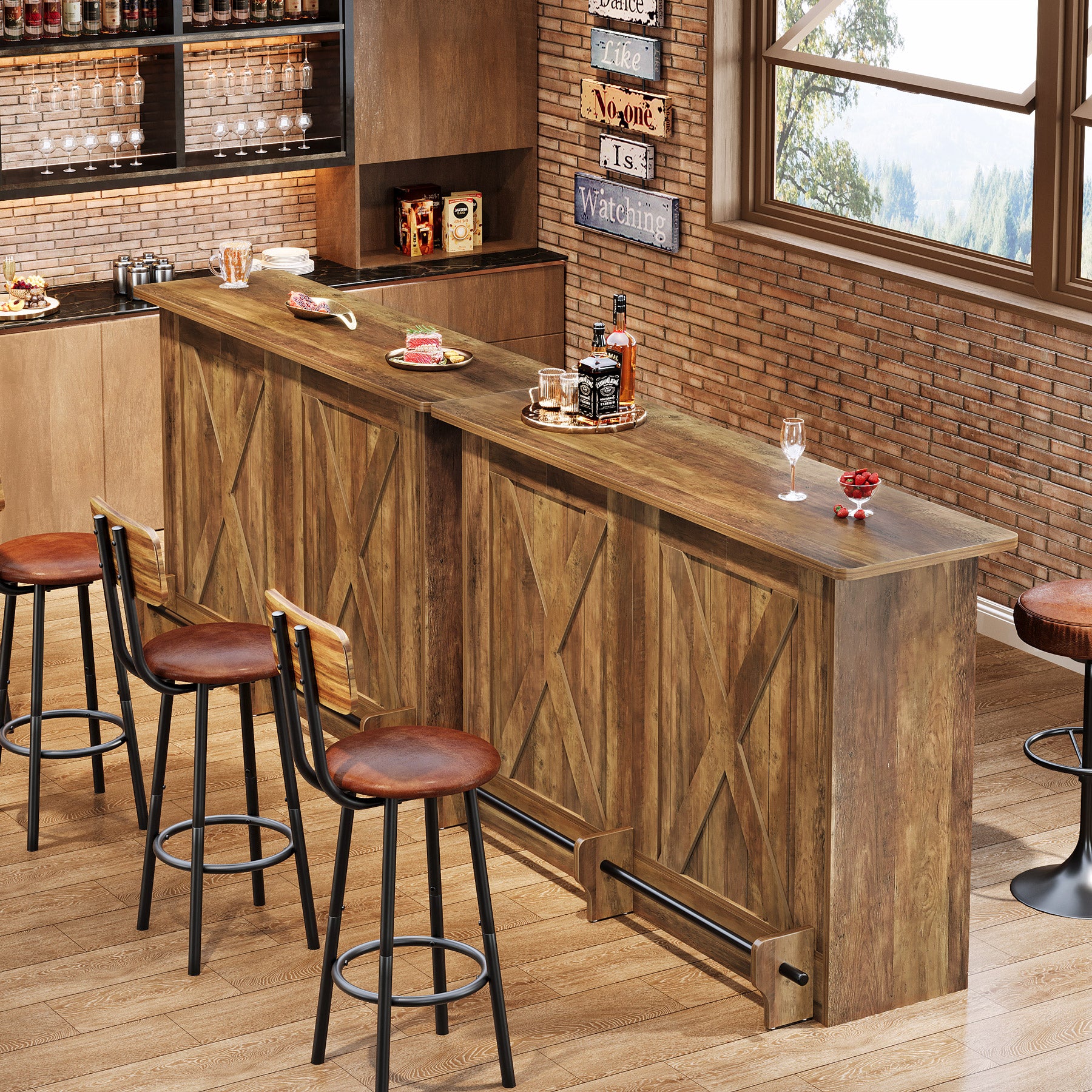 63-Inch Bar Table with 2-Tier Storage Shelves and Metal Footrest for Bistro and Basement Bar