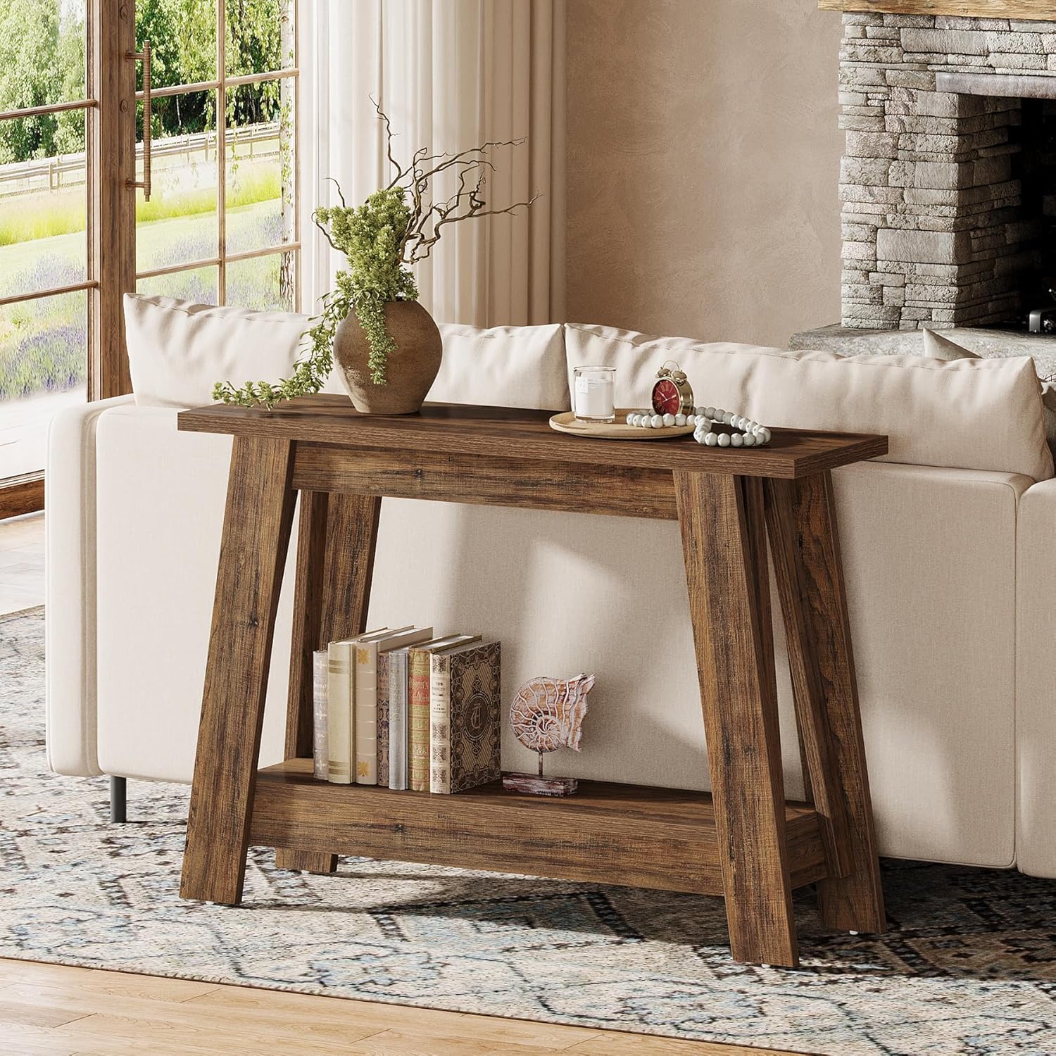 41.3" Rustic Farmhouse Console Table - 2-Tier Narrow Entryway Table with Storage