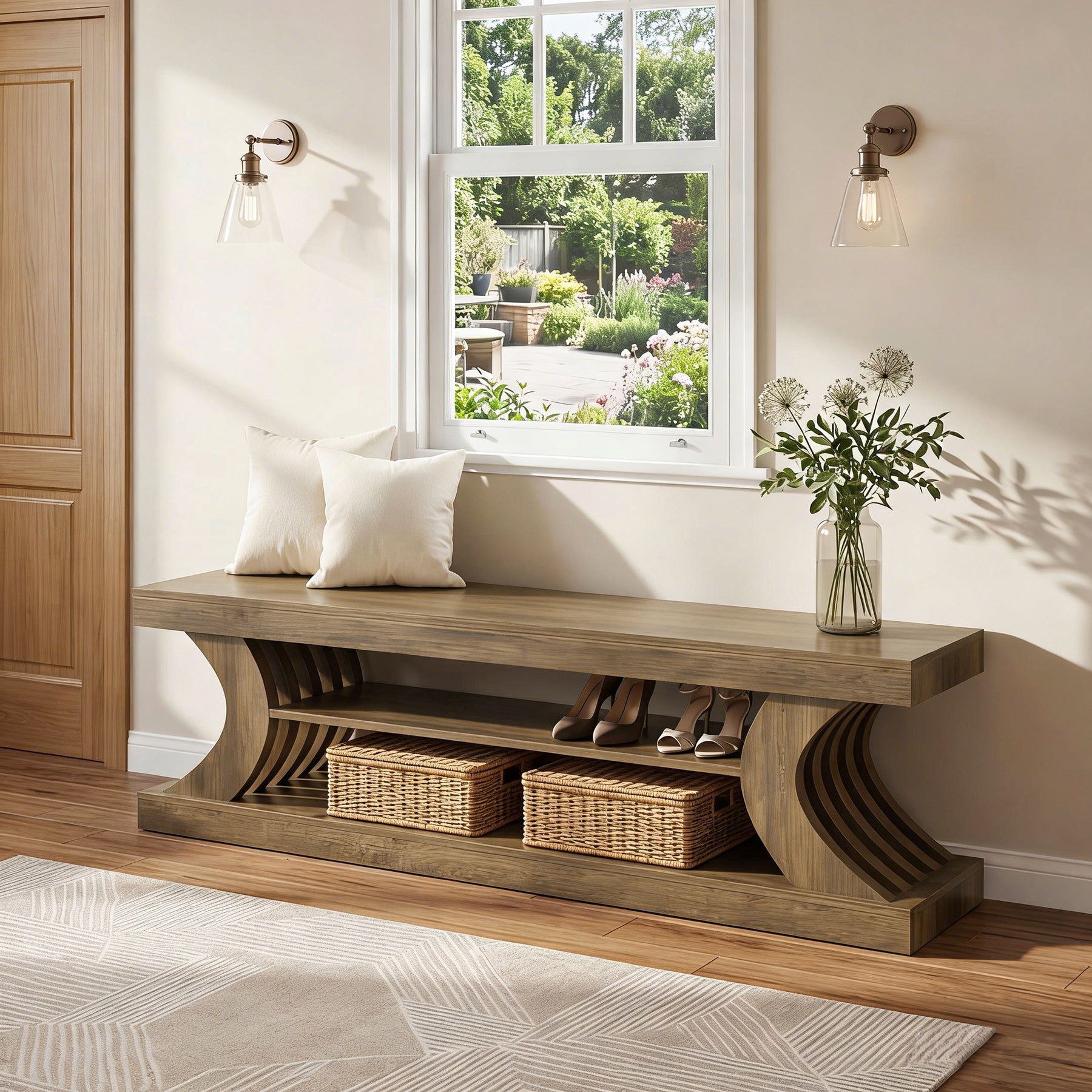 Tribesigns 63-Inch Entryway Shoe Bench with Open Storage, 3-Tier Bed Bench for Bedroom and Hallway