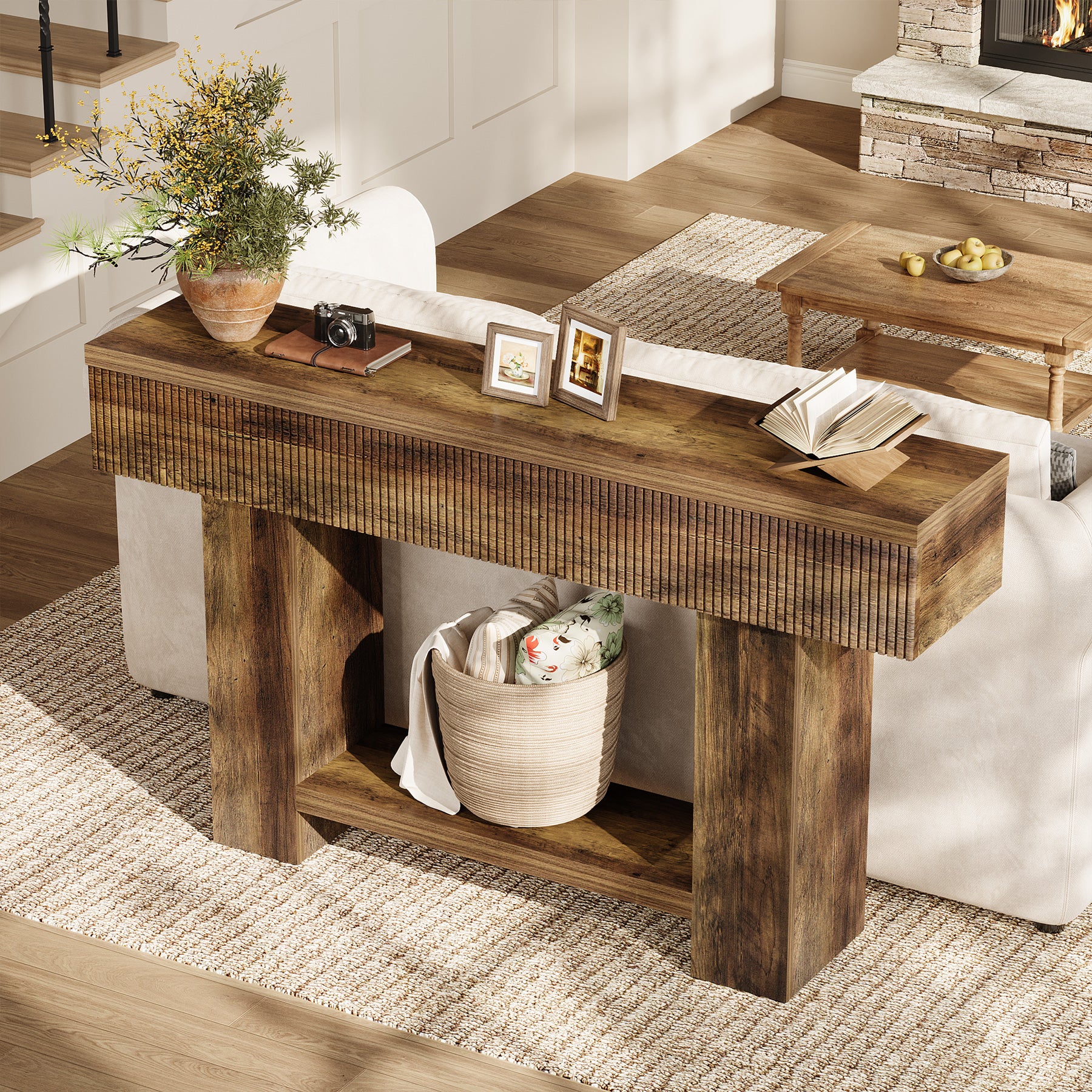 55-Inch Farmhouse Console Table with 2-Tier Storage and U-Shaped Base, Narrow Entryway Sofa Table for Hallway