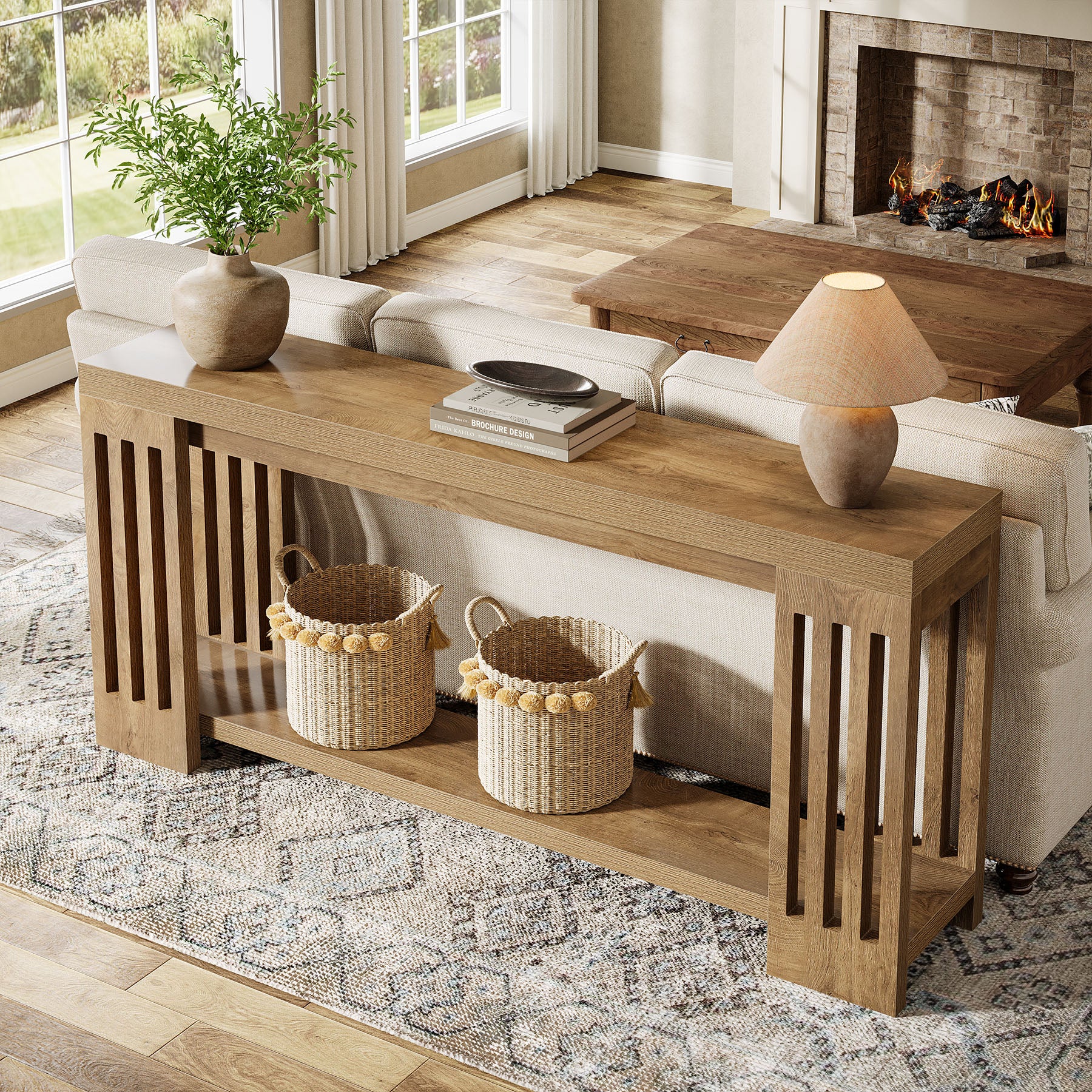 Tribesigns 70.9-Inch Farmhouse Console Table with Vertical Stripe Legs, 2-Tier Sofa Table for Living Room