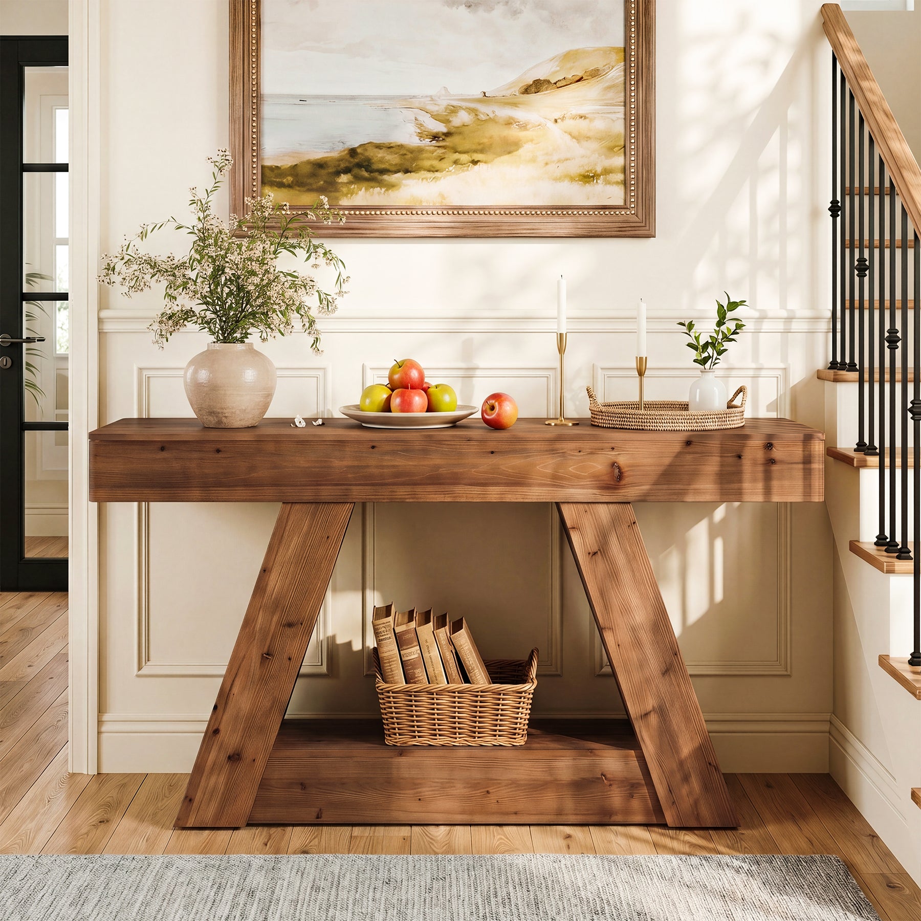 63-Inch Solid Wood Console Table with 2-Tier Storage, Farmhouse Sofa Table for Hallway