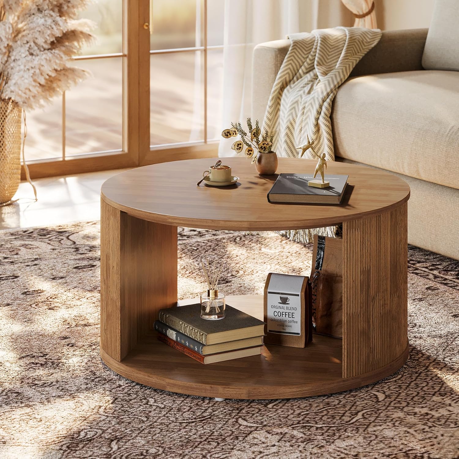 31.5" Round Mid-Century Coffee Table - Walnut Fluted Base with Storage for Small Spaces