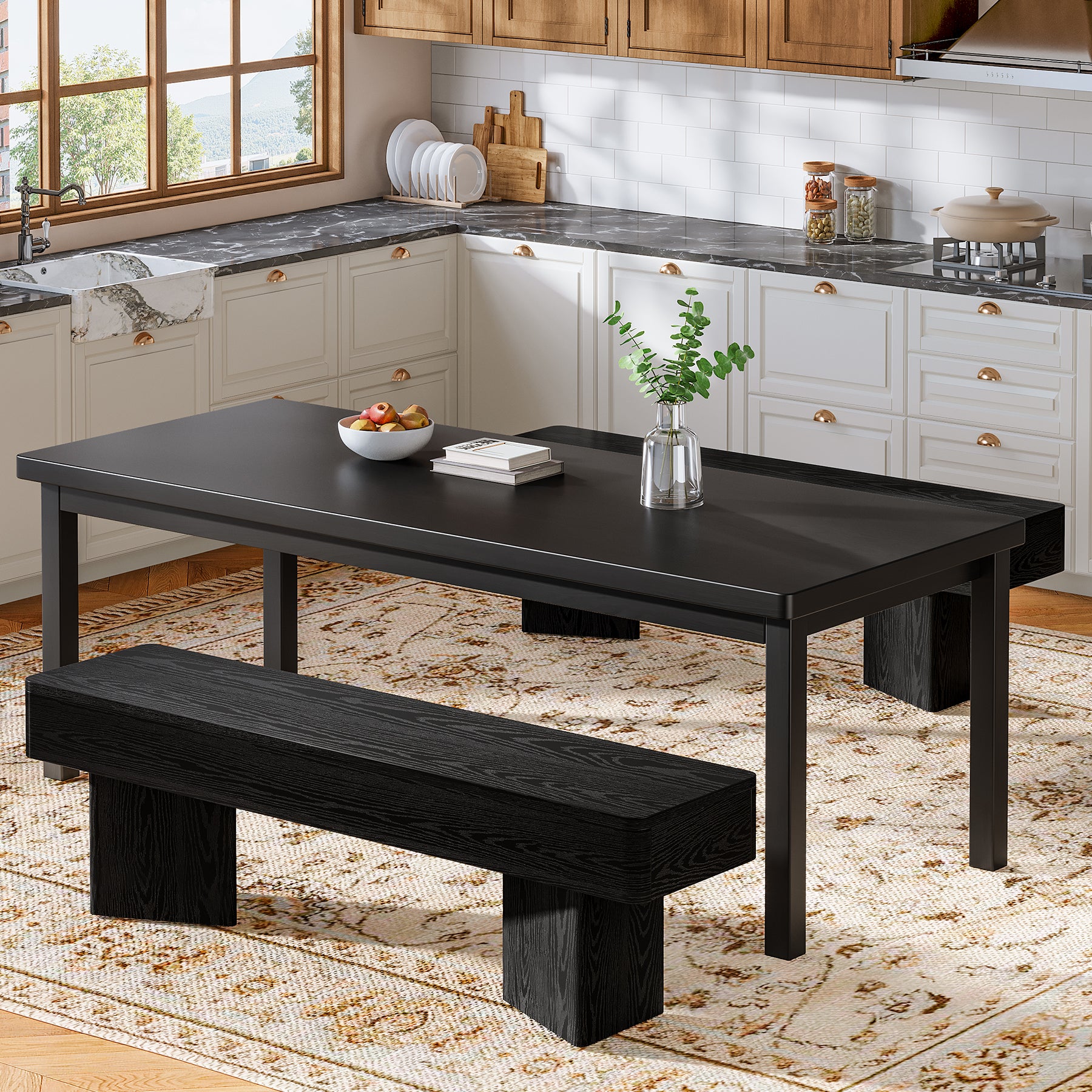 47.24-Inch Black Kitchen Table Bench with Rounded Edges, Modern Dining Bench for Dining Room