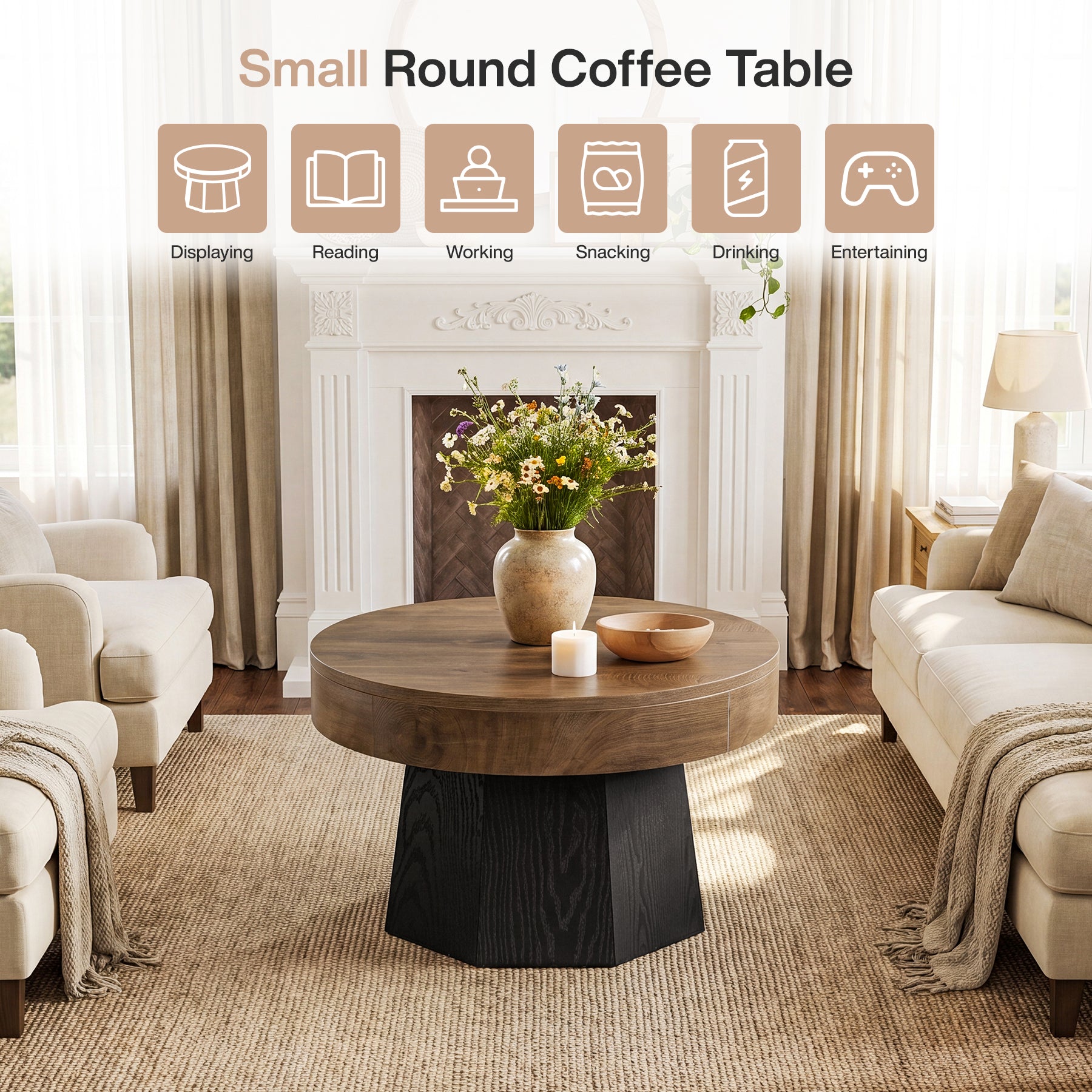 31.5-Inch Round Coffee Table with Octagonal Base, Modern Centre Table for Living Room