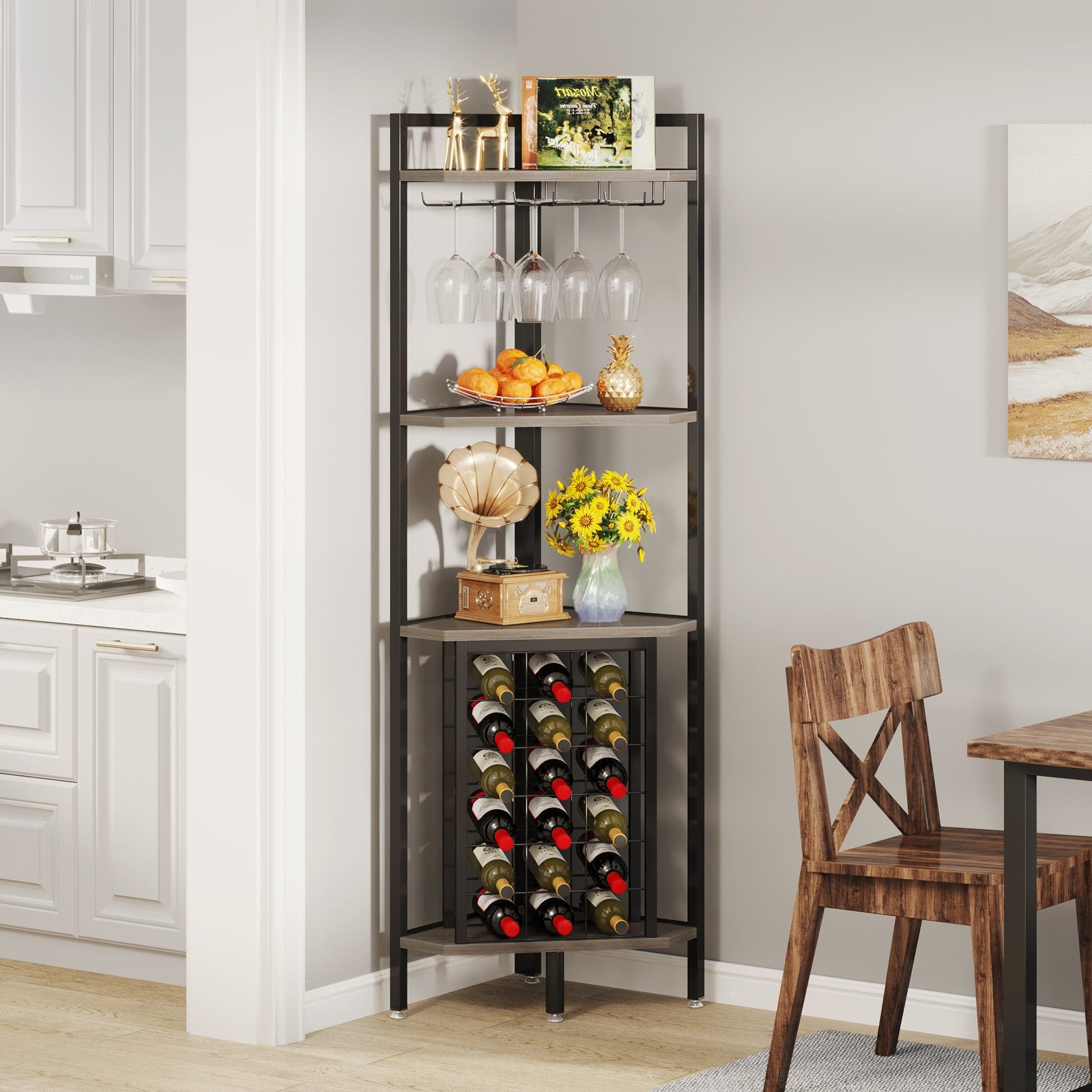 4-Tier Corner Wine Rack with Glass Holder and Storage Shelves