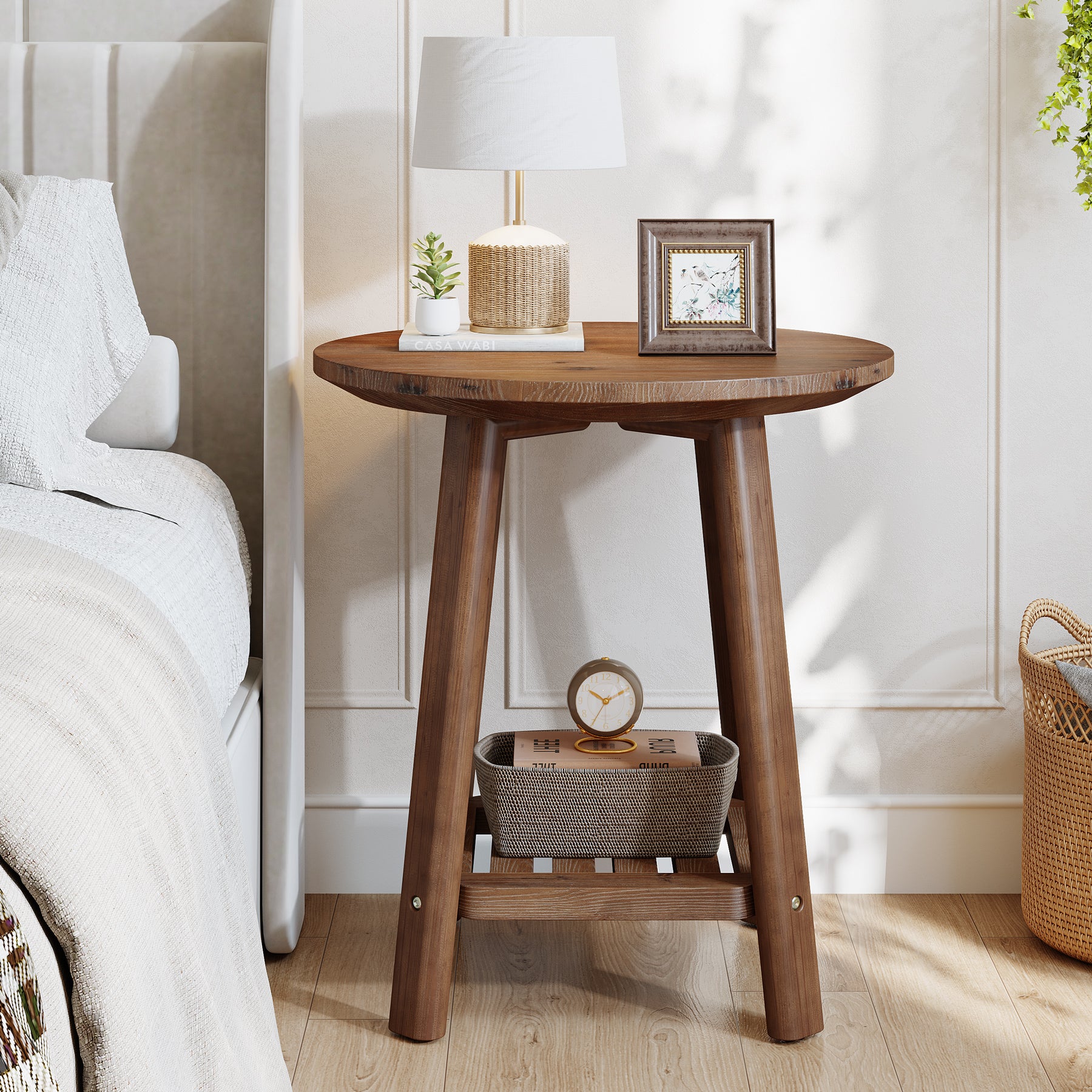 Tribesigns Round Side Table with 2-Tier Storage Shelf, Solid Wood End Table for Small Spaces