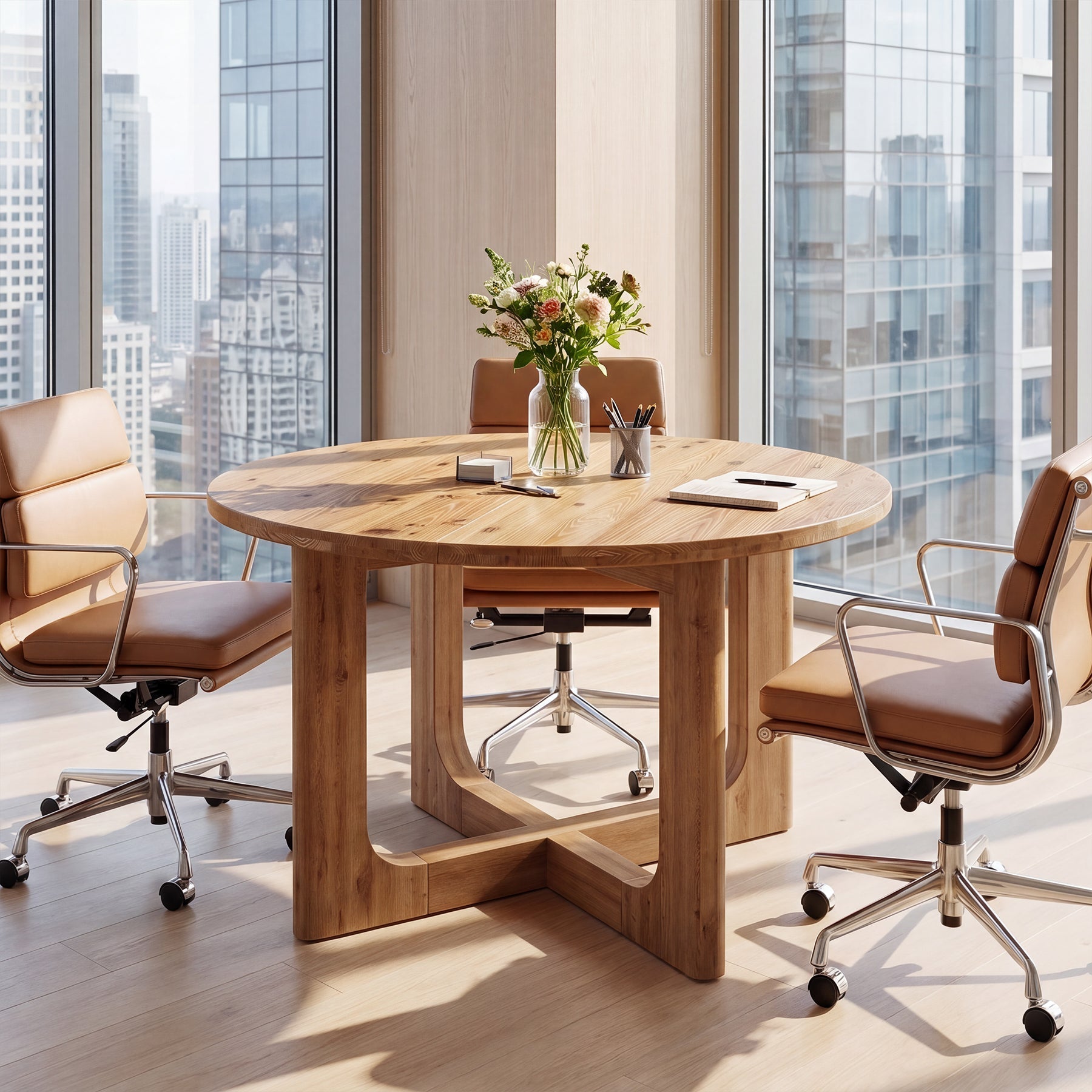39.4-Inch Round Solid Wood Conference Table with Cross Base, Meeting Table for Office