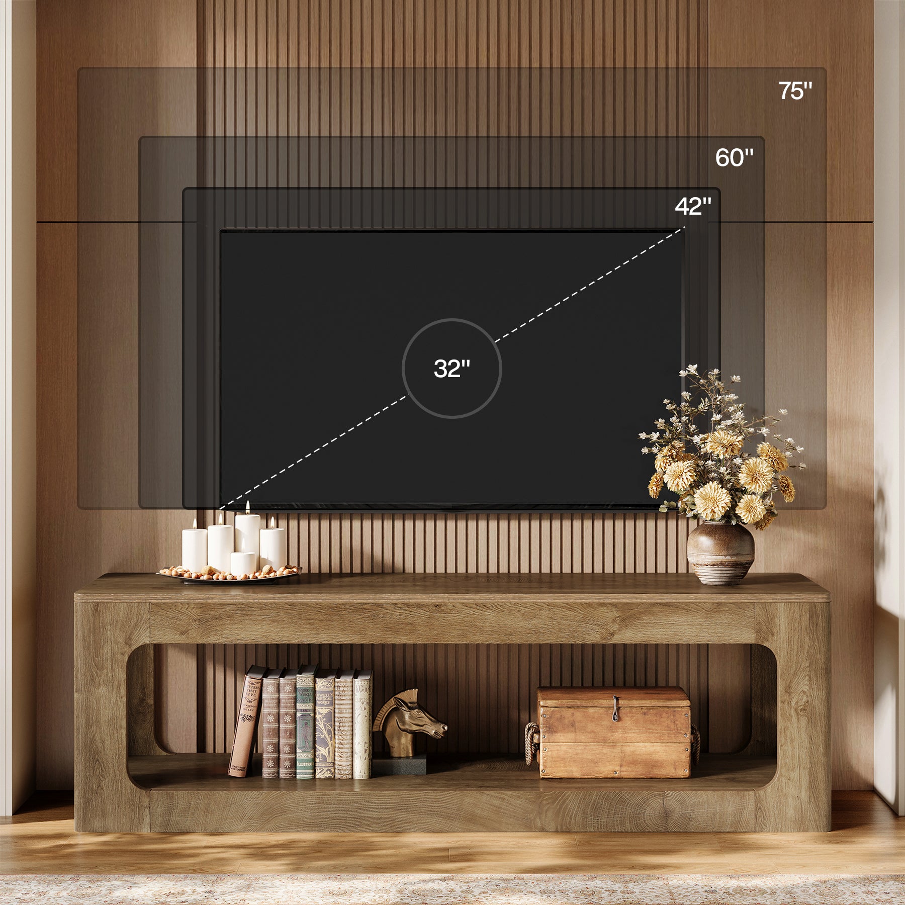 Tribesigns 63-Inch Farmhouse TV Stand with Circle Cutouts, 2-Tier Media Console for Living Room