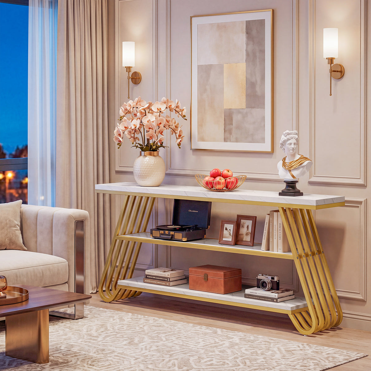 Tribesigns 70.9-Inch Faux Marble Console Table with Storage, Gold Sofa Table for Living Room