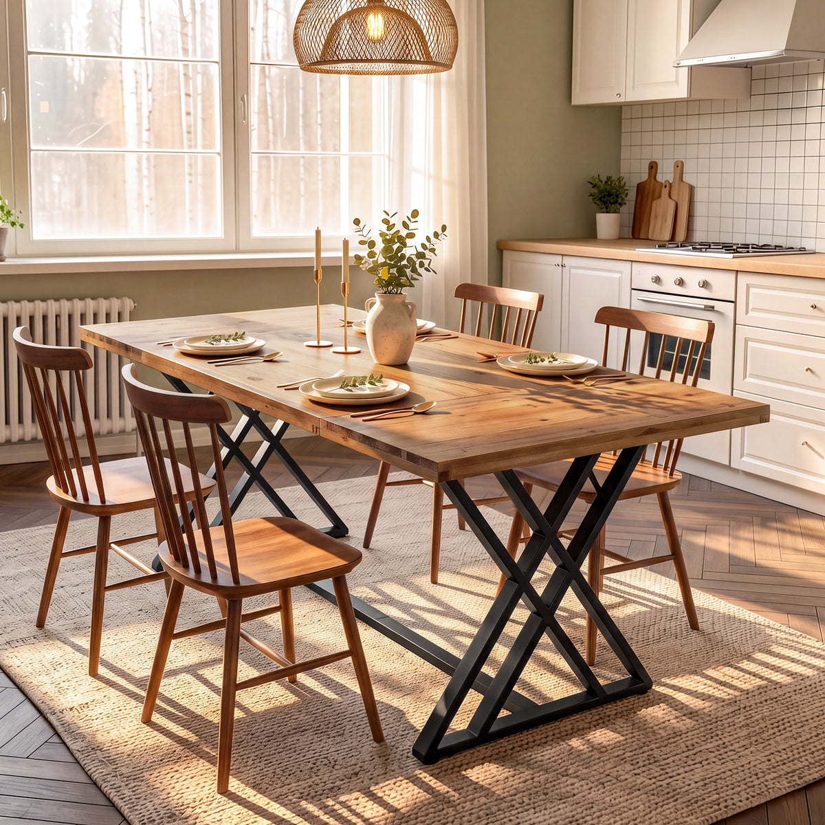 Tribesigns 63 Inch Solid Wood Dining Table with X-Shaped Metal Legs, Farmhouse Kitchen Table