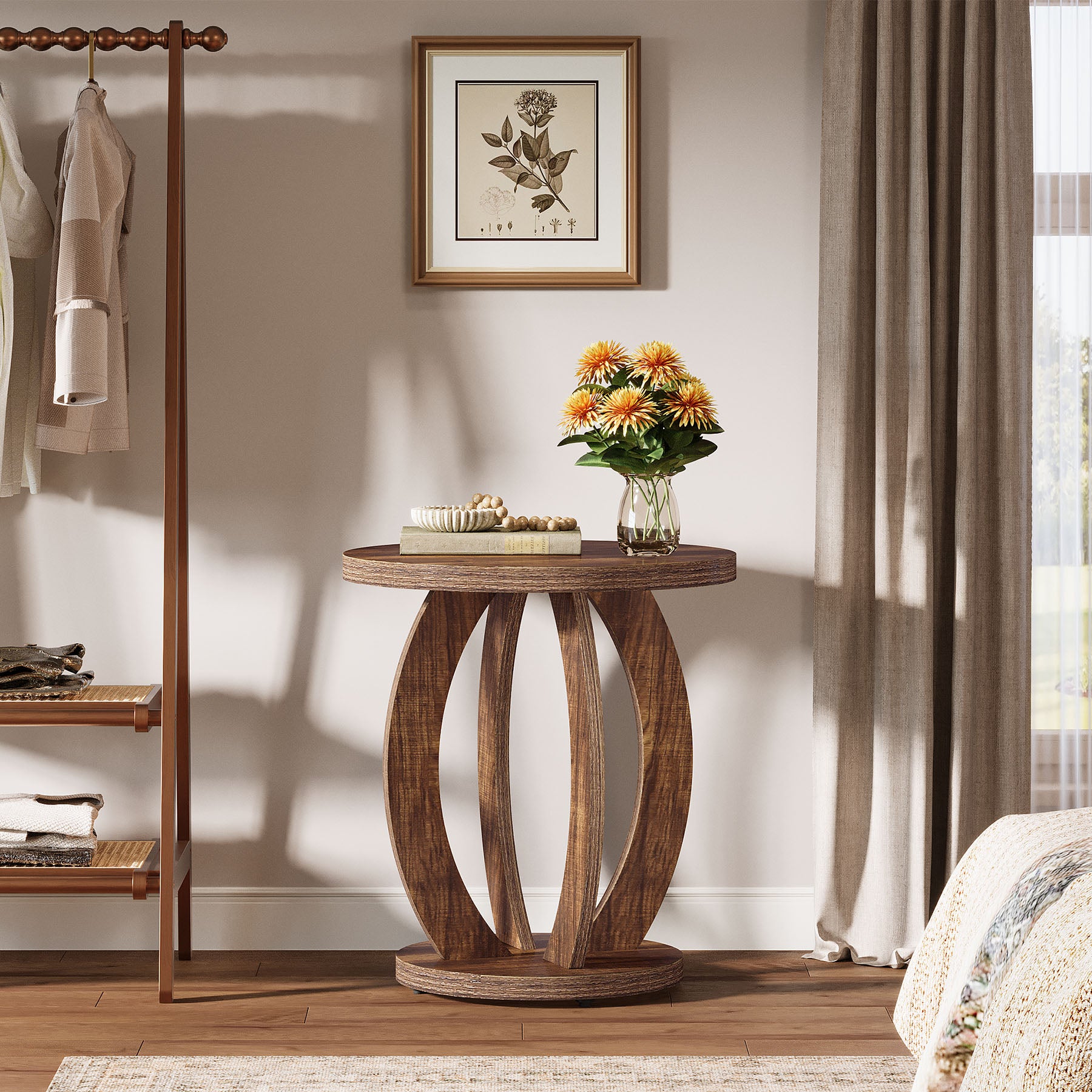 24" Round Farmhouse Nightstand - Bedside Table with Storage, Wood Base, Brown
