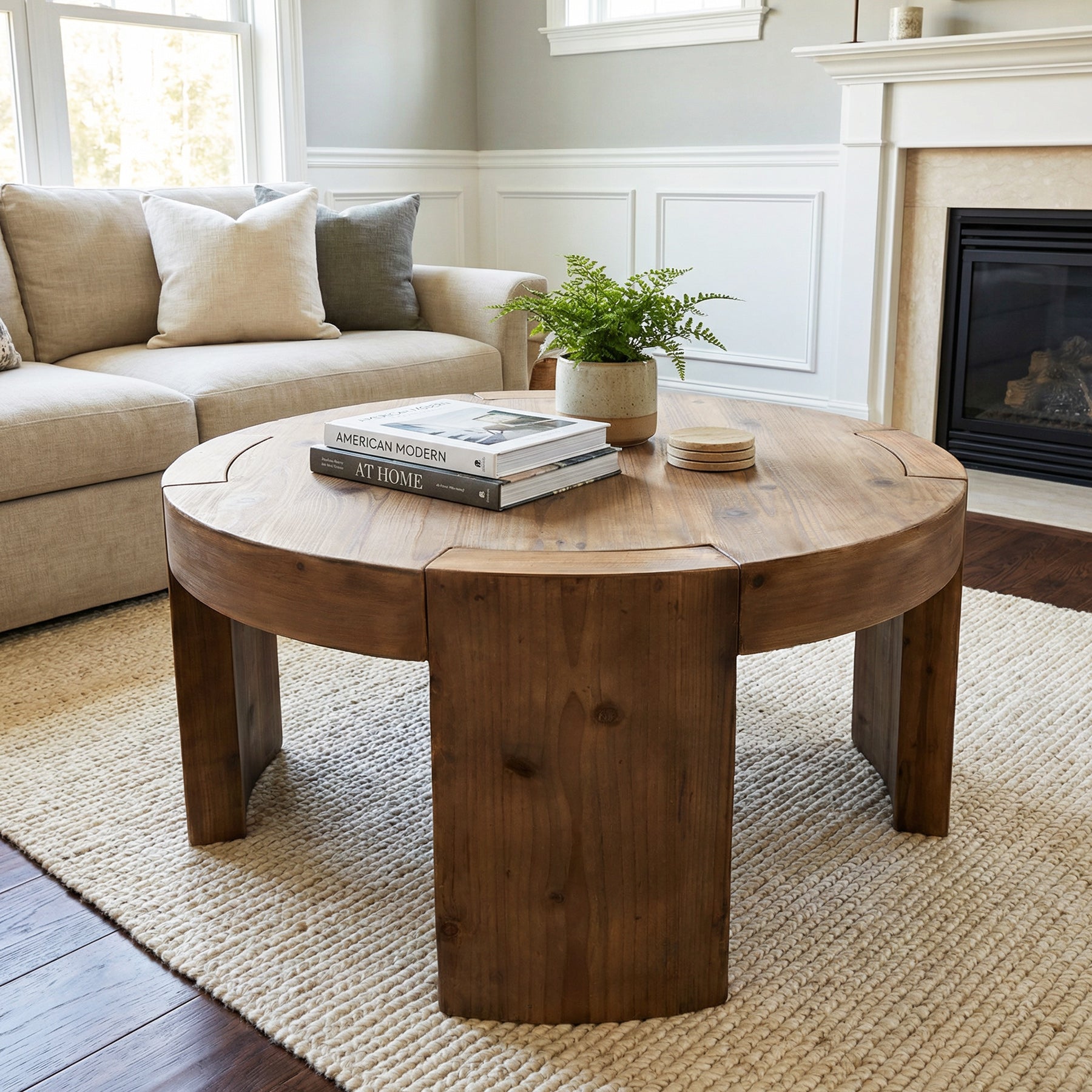 31.5 Inch Solid Wood Round Coffee Table with Integrated Tabletop, Farmhouse Center Table for Living Room