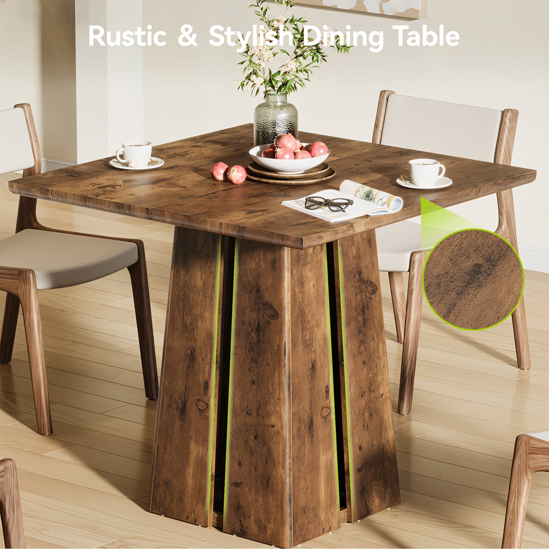 Rustic Square Dining Table, 31.5" Farmhouse Kitchen Table with Heavy-Duty Pedestal Base