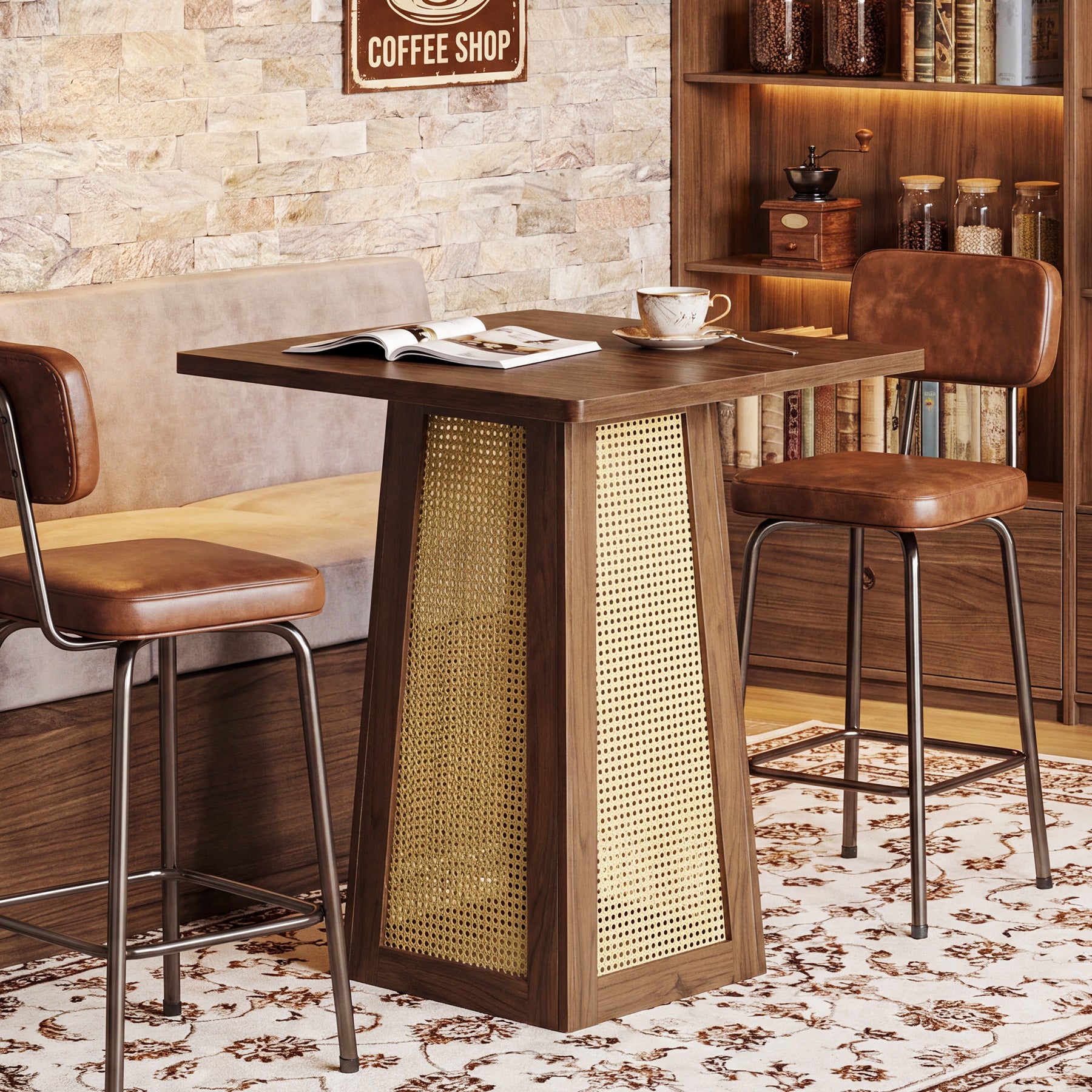 31.5-Inch Square Bar Table, Counter Height Pub Table with Rattan Pedestal Base for Home Bar Kitchen and Small Spaces