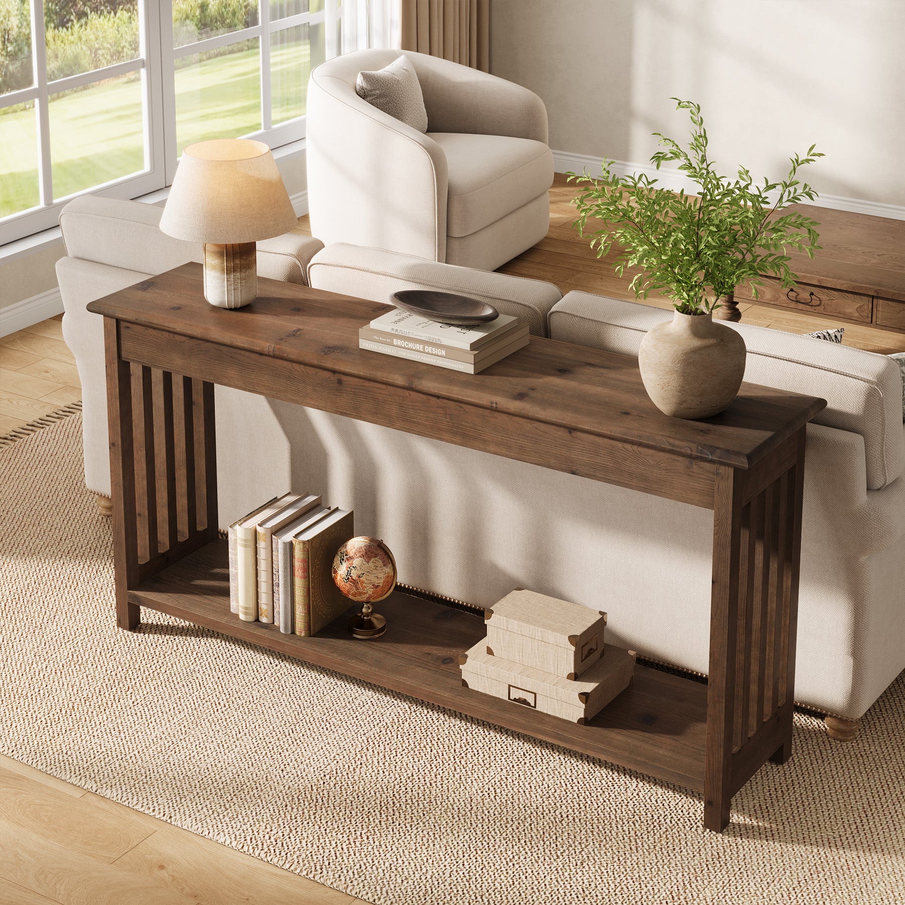 63-Inch Solid Wood Console Table, Farmhouse 2-Tier Entryway Sofa Table for Hallway