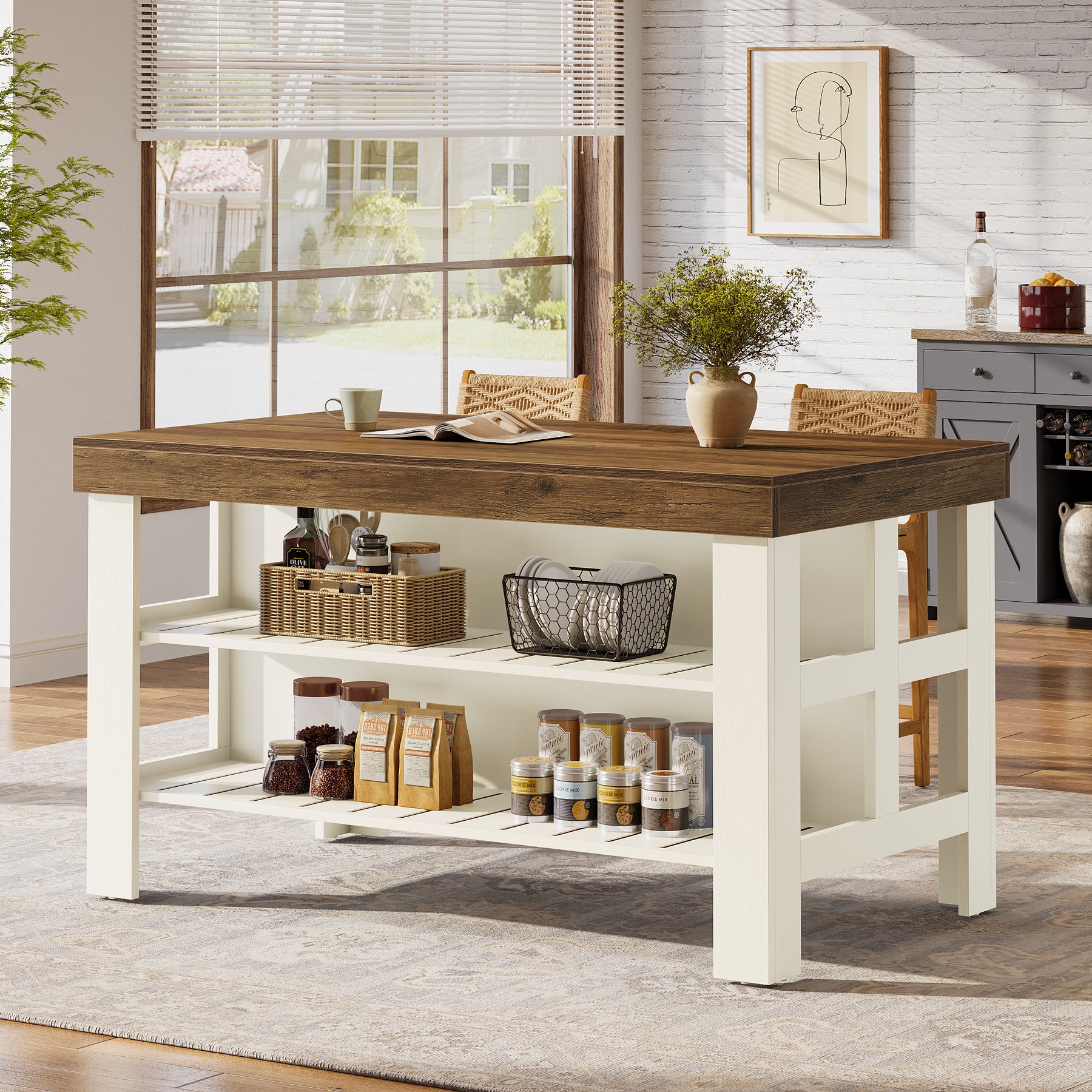 Tribesigns 55.1-Inch Kitchen Island with Seating and Storage Shelves, Farmhouse Breakfast Counter Table for Kitchen and Dining Room