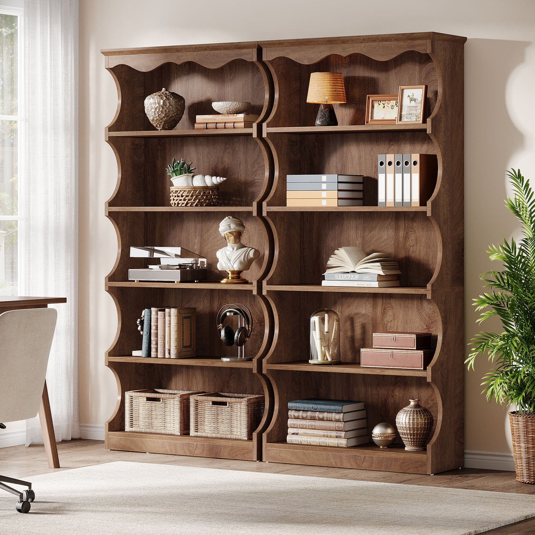 70 Inch Tall Bookcase, 5 Tier Curved Edge Bookshelf with Open Storage for Living Room and Home Office