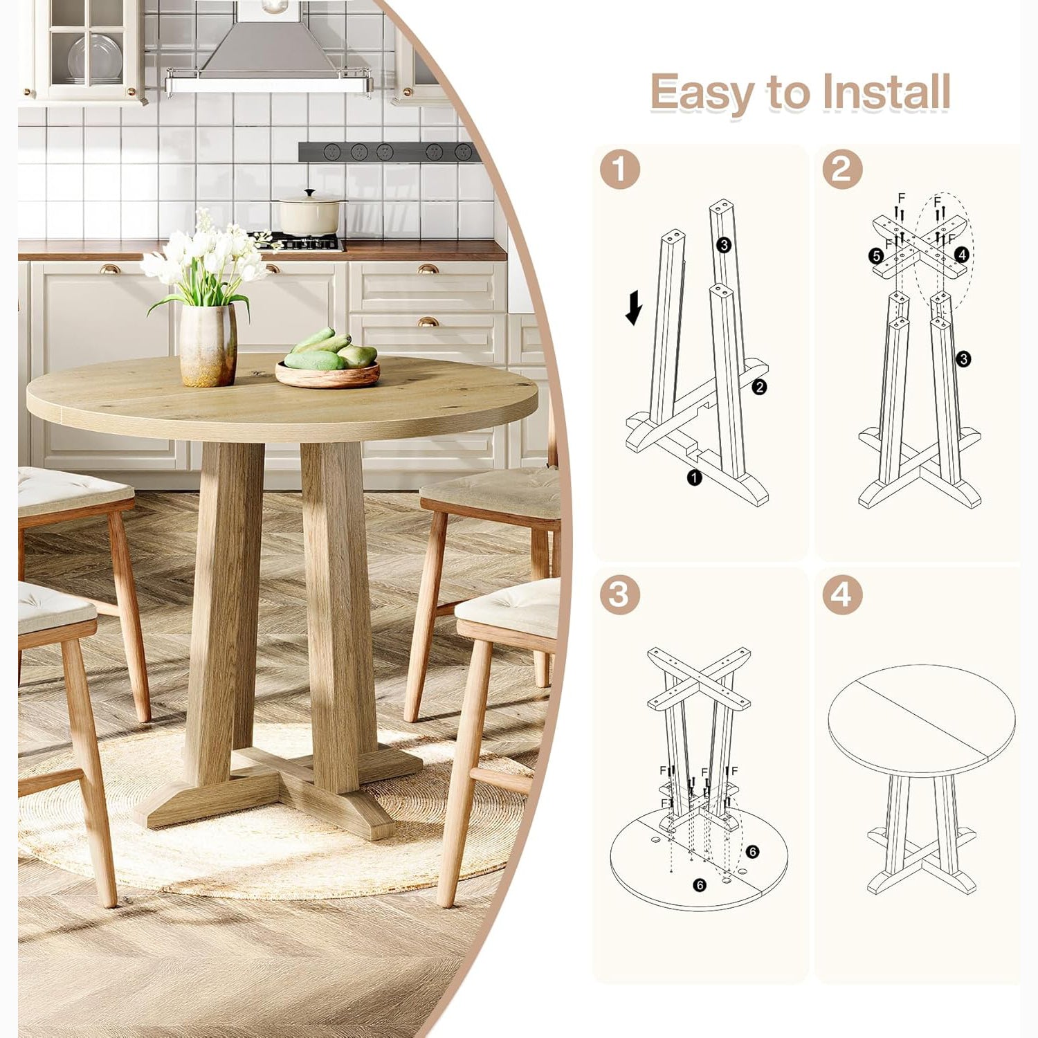 31.5" Round Farmhouse Dining Table for Small Spaces - Sturdy Base, Seats 2-4