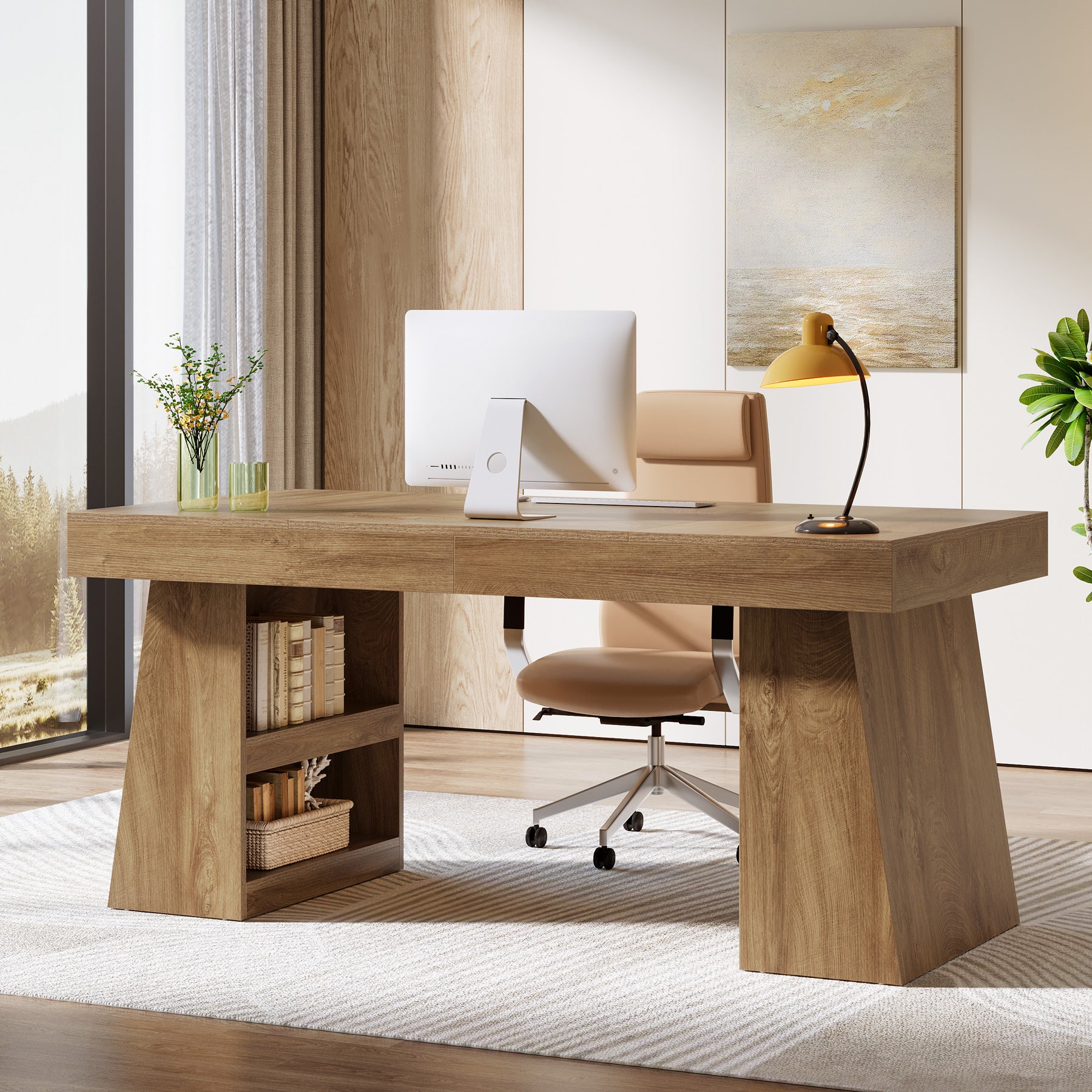 Tribesigns 55 Inch Executive Desk with Drawer, Large Office Computer Desk with Storage Shelves for Home Office