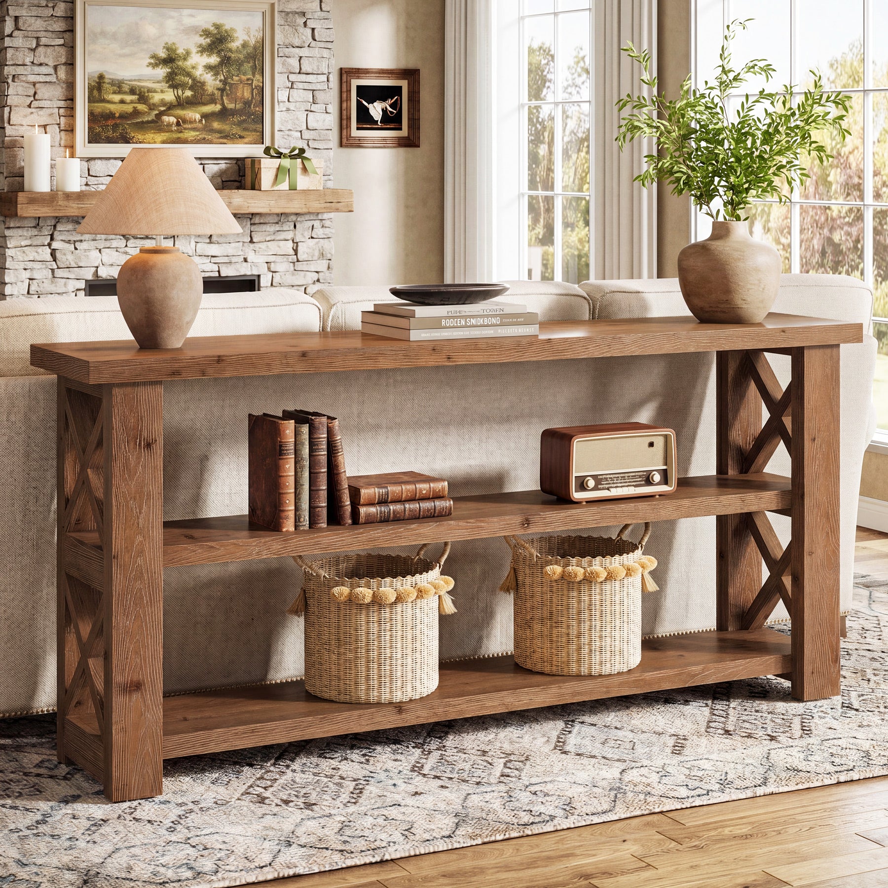 Tribesigns 63 Inch Solid Wood Console Table with X-Frame, 3-Tier Hallway Table for Living Room