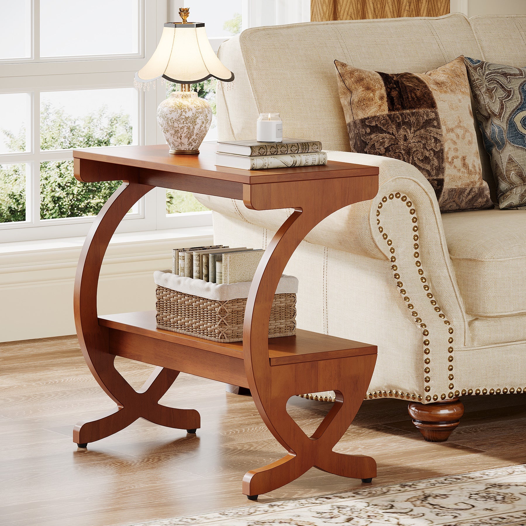23.62-Inch Narrow End Table with 2-Tier Storage Shelf, Solid Wood Side Table for Living Room