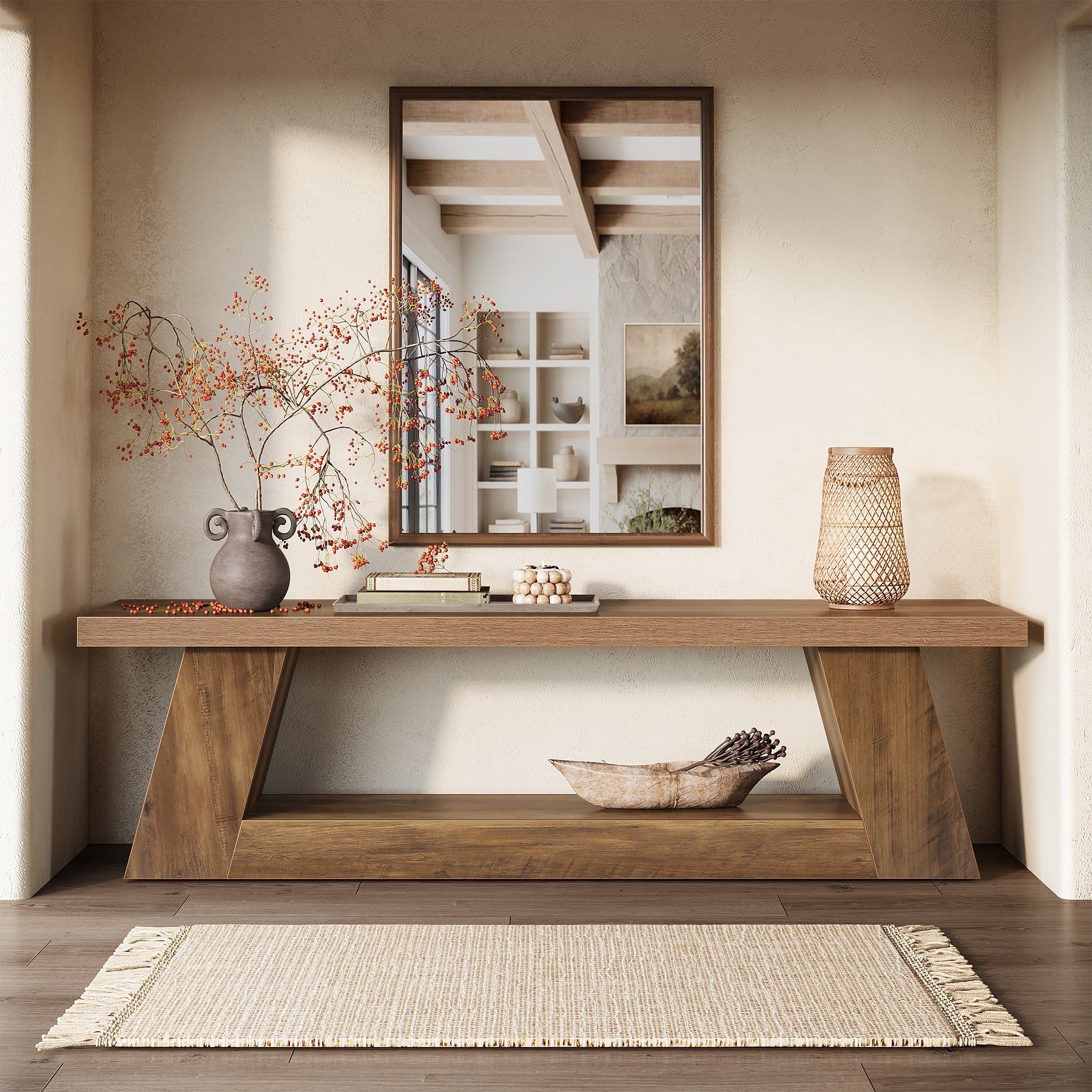 63" Wooden Entryway Bench with 2-Tier Storage, Rustic Long Bench for Hallway Living Room Bedroom