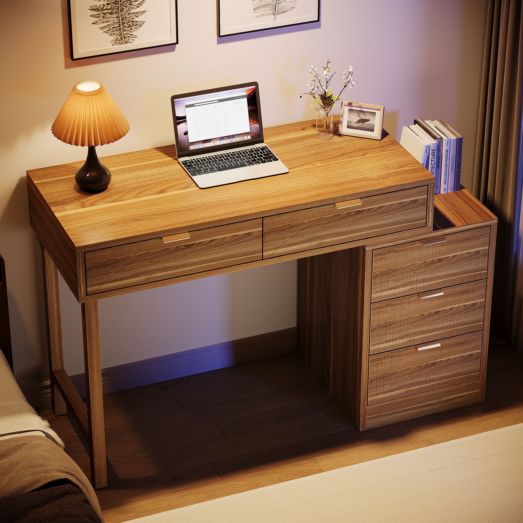 Reversible Computer Desk with 5 Drawers, Small Writing Desk for Home Office and Bedroom