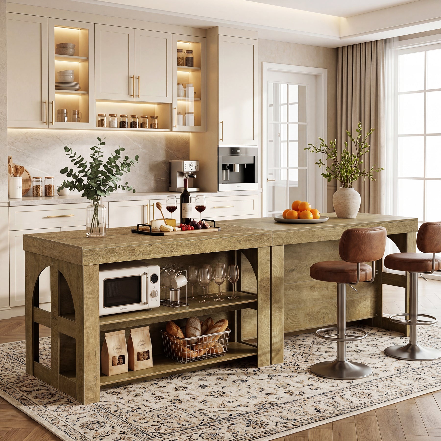 Tribesigns Solid Wood Kitchen Island Table with Storage Shelves, Farmhouse Counter Height Island