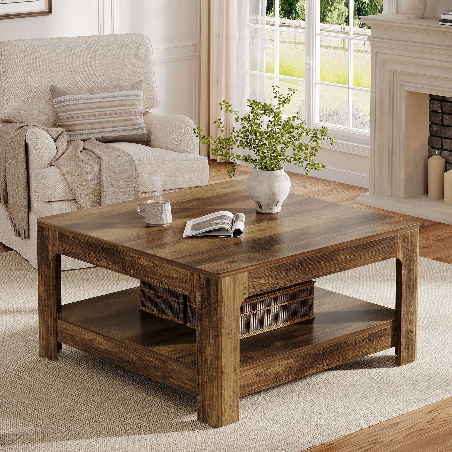 Tribesigns 39.4-Inch Square Coffee Table, Large Farmhouse Center Table with Storage Shelf for Living Room