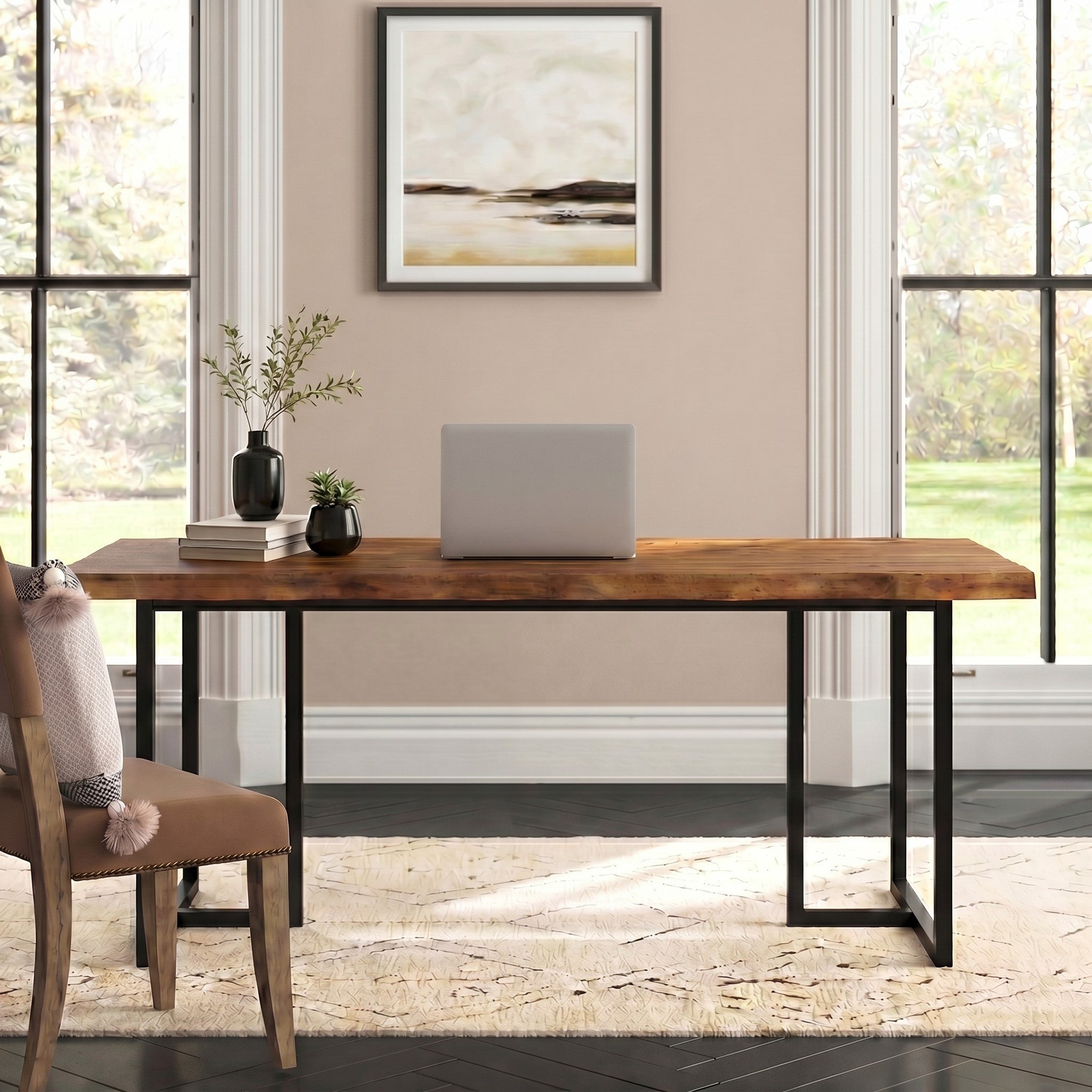 Tribesigns 63-Inch Solid Wood Home Office Desk with Live-Edge Inspired Top, Industrial Writing Desk with Metal Frame for Study and Work