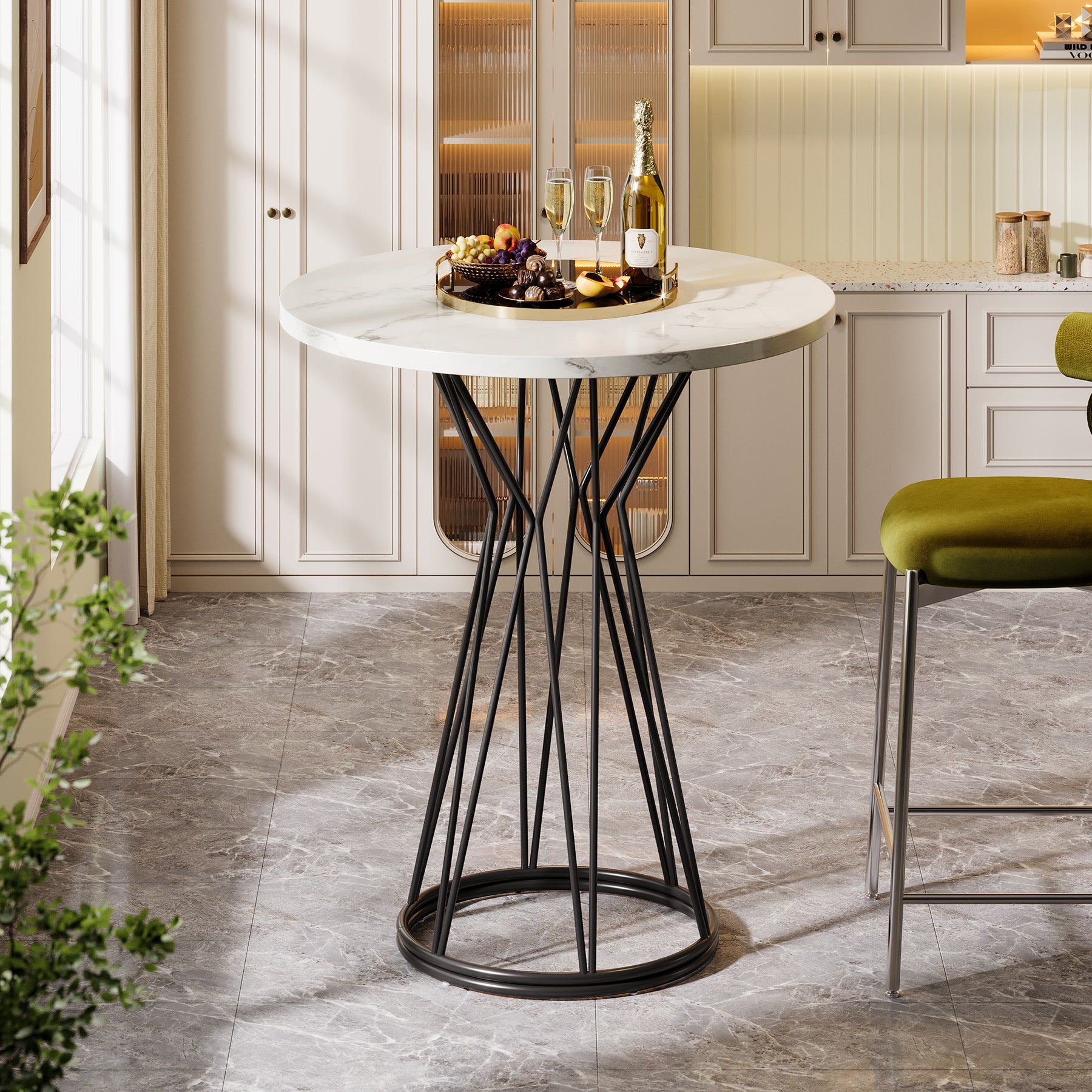 35.4-Inch Round Bar Table, Modern Faux Marble Bistro Pub Table