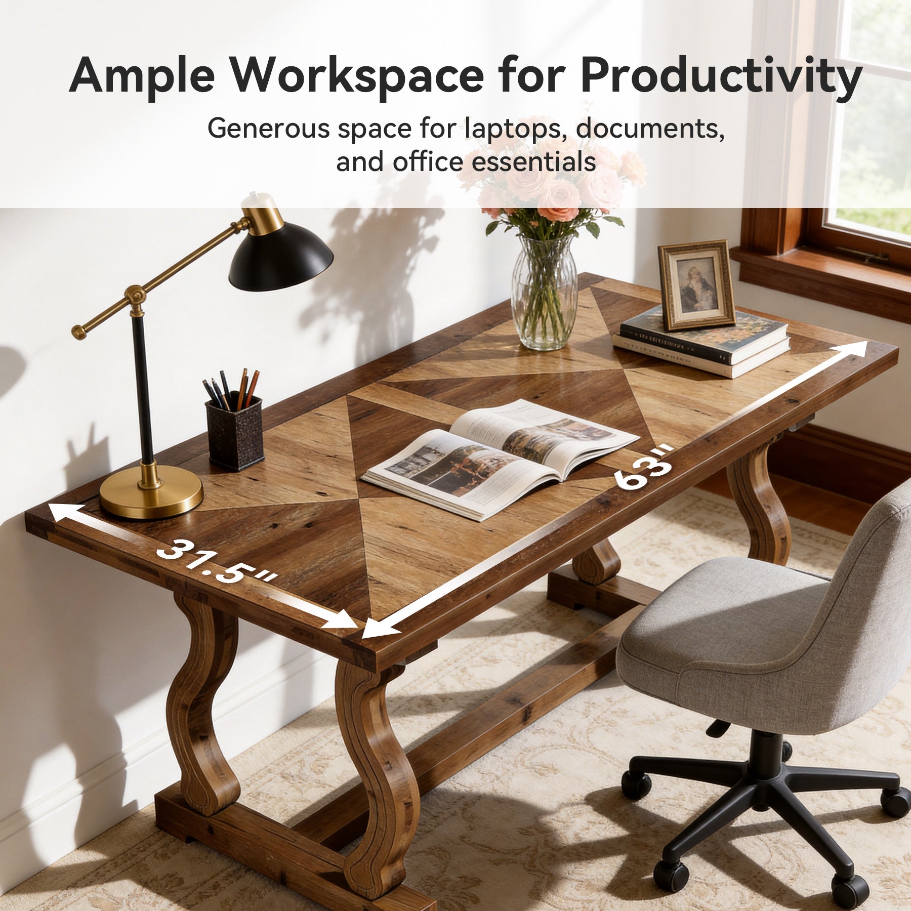 Tribesigns 63-Inch Solid Wood Executive Desk with Diamond Parquetry, Farmhouse Desk for Home Office