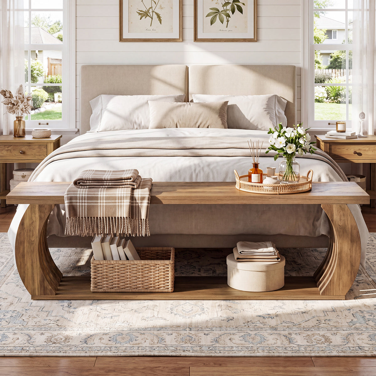 Tribesigns 63-Inch End of Bed Bench with Storage, Farmhouse Bedroom Bench with 2-Tier Shelf