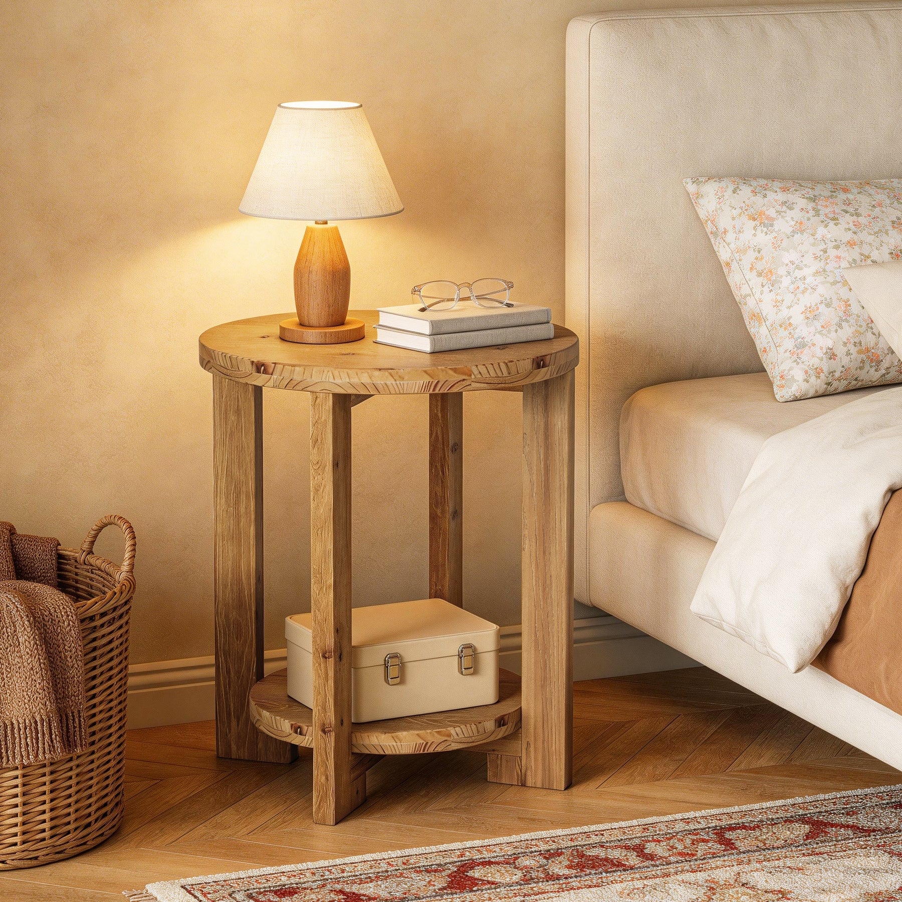 Tribesigns 19.69" Solid Wood Round End Table with 2-Tier Storage Shelf, Living Room Side Table