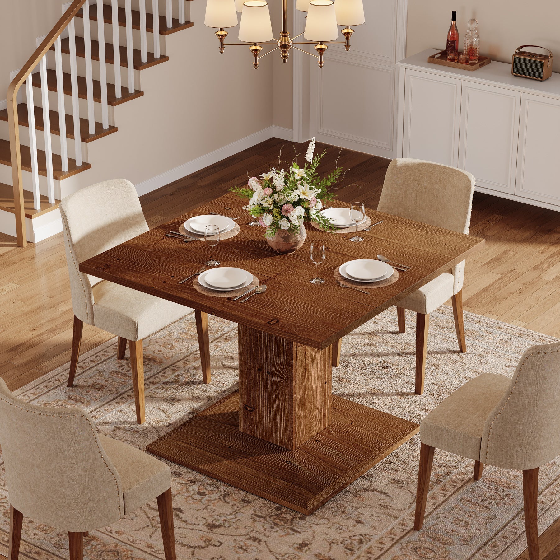 31.5" Square Solid Wood Dining Table for 4, Rustic Pedestal Base Walnut