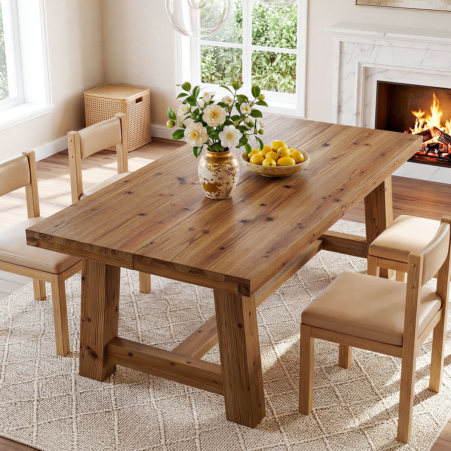 Tribesigns 63-Inch Solid Wood Dining Table, Farmhouse Table with Thick Top & Trestle Base