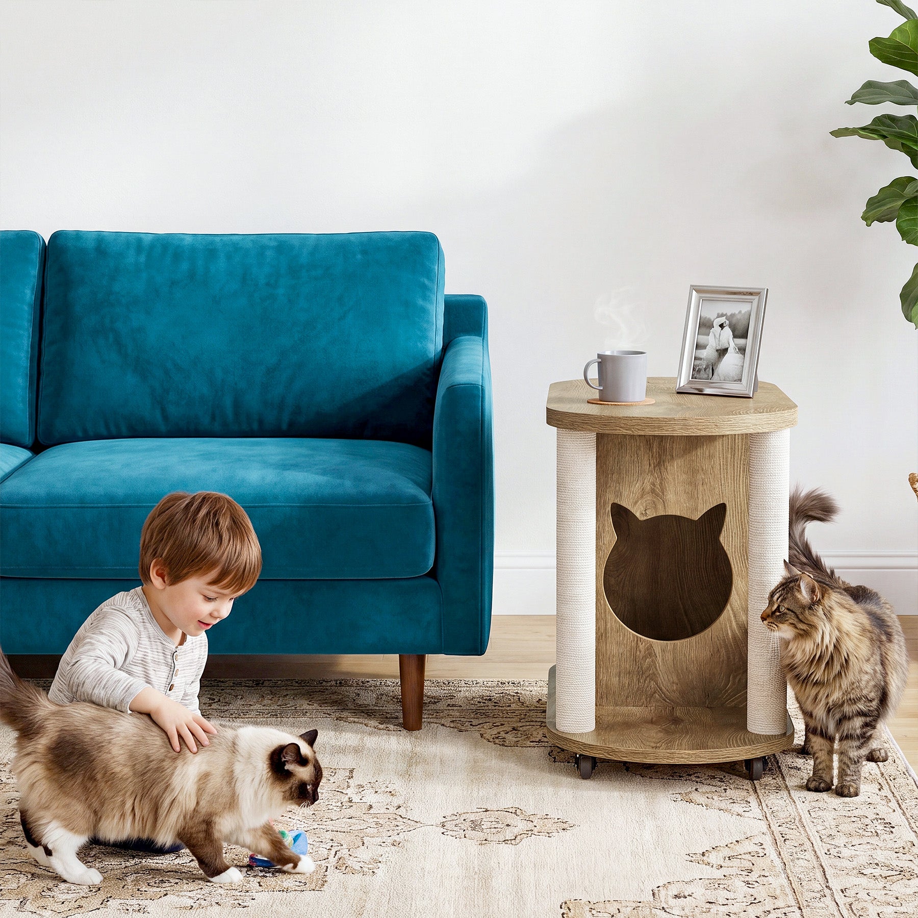 31.5-Inch End Table with Cat Scratching Posts, Wooden Cat Condo with Bed for Living Room